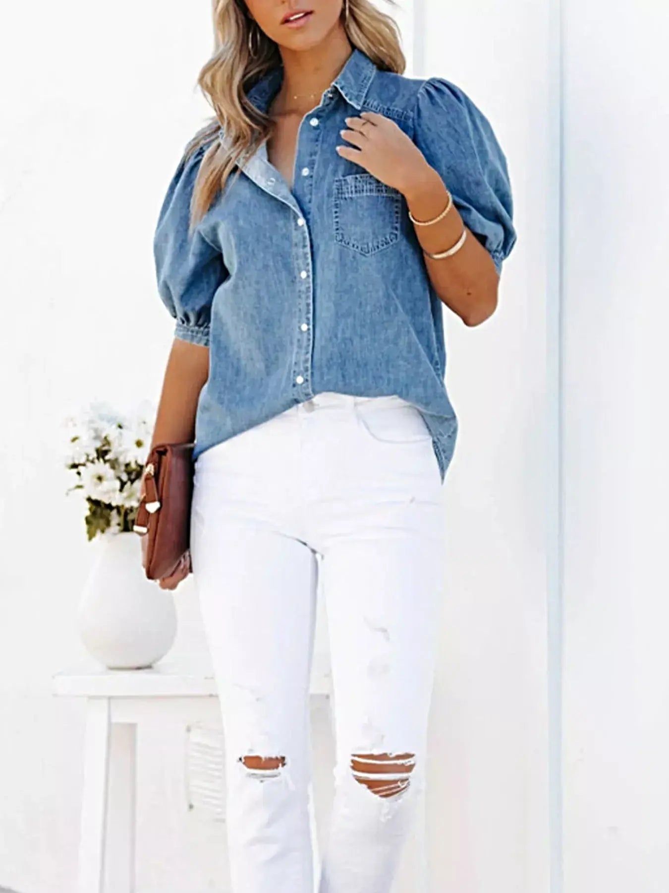 Puff Sleeve Button-Down Denim Top -