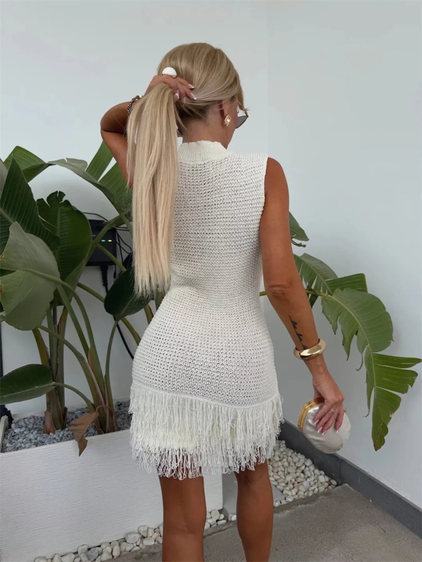 Fringe Round Neck Sweater Dress -