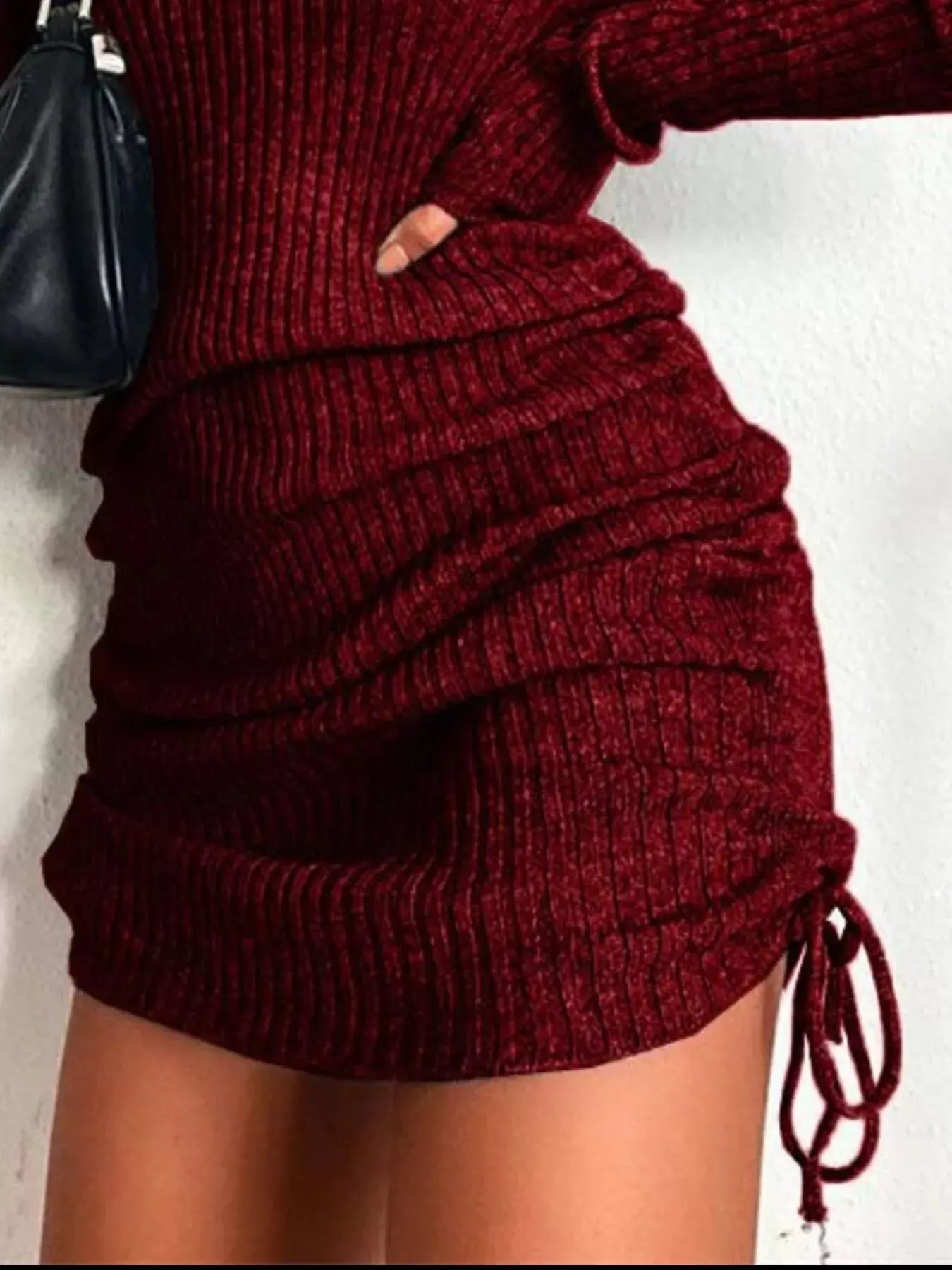 Full Size Ribbed Knit Drawstring Bodycon Sweater Dress Plus Size -