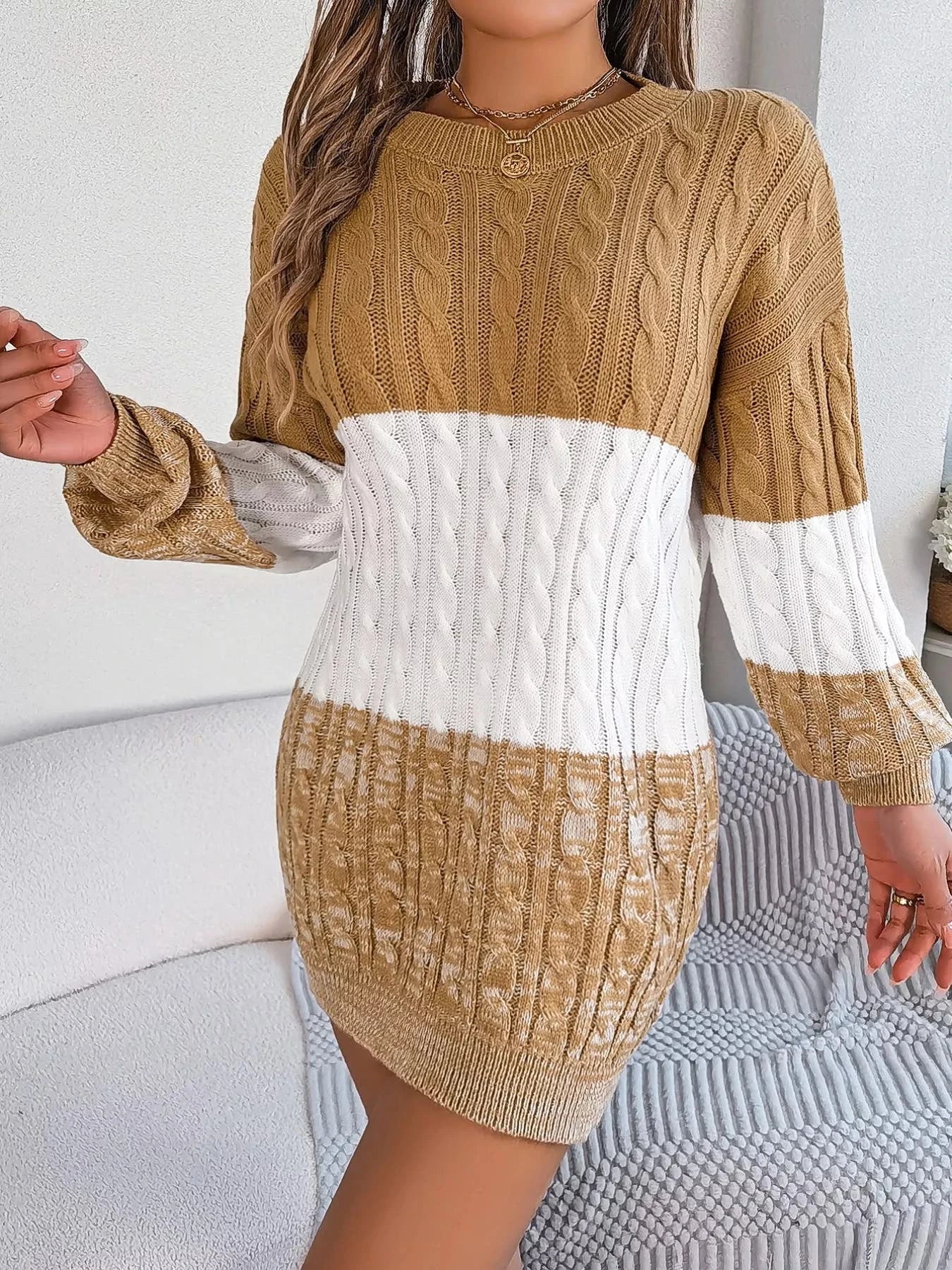 Color Block Cable Knit Sweater Dress with Textured Pattern -