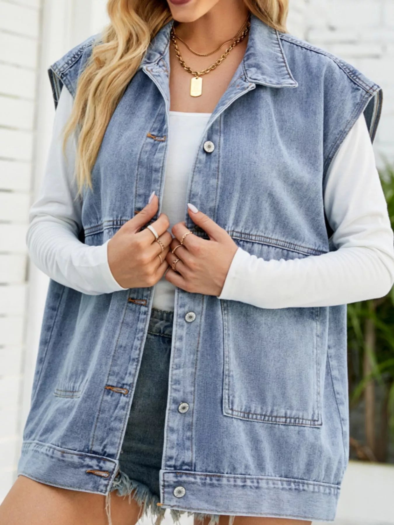 Sleeveless Button-Down Denim Jacket -