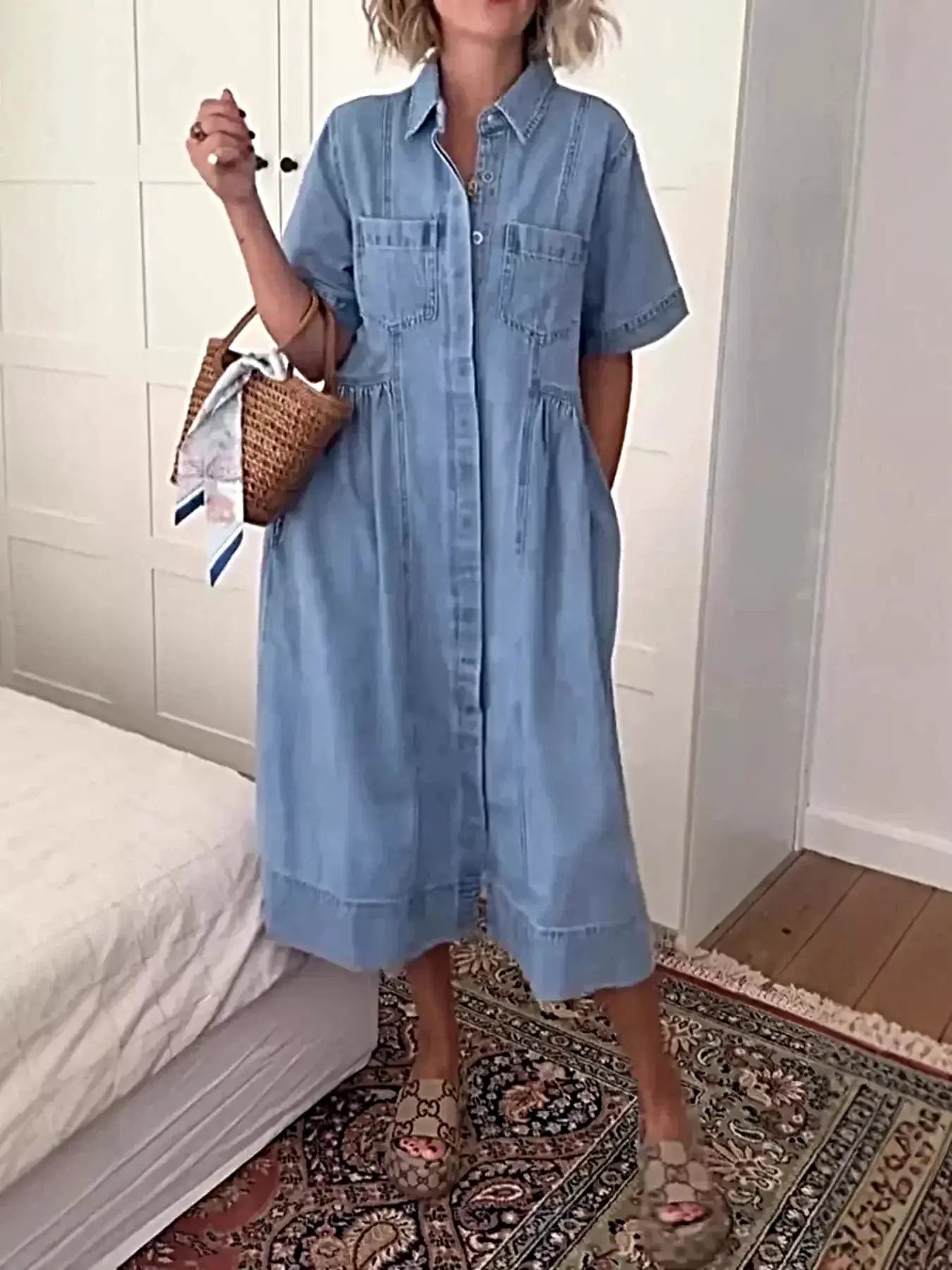 Full Size Button Front Denim Midi Dress Plus Size -