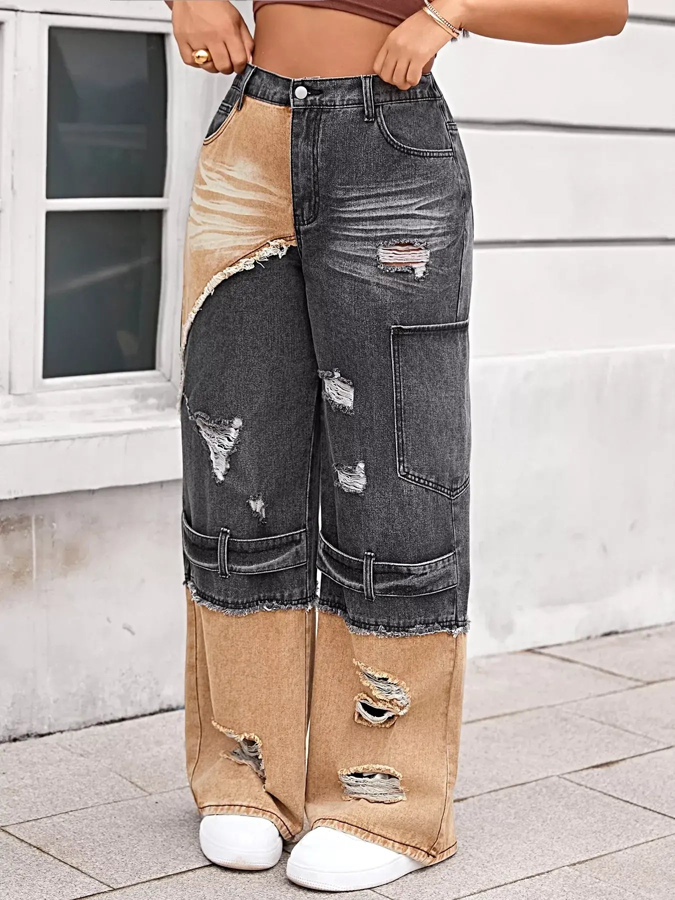 Two-Tone Ripped Wide Leg Jeans -