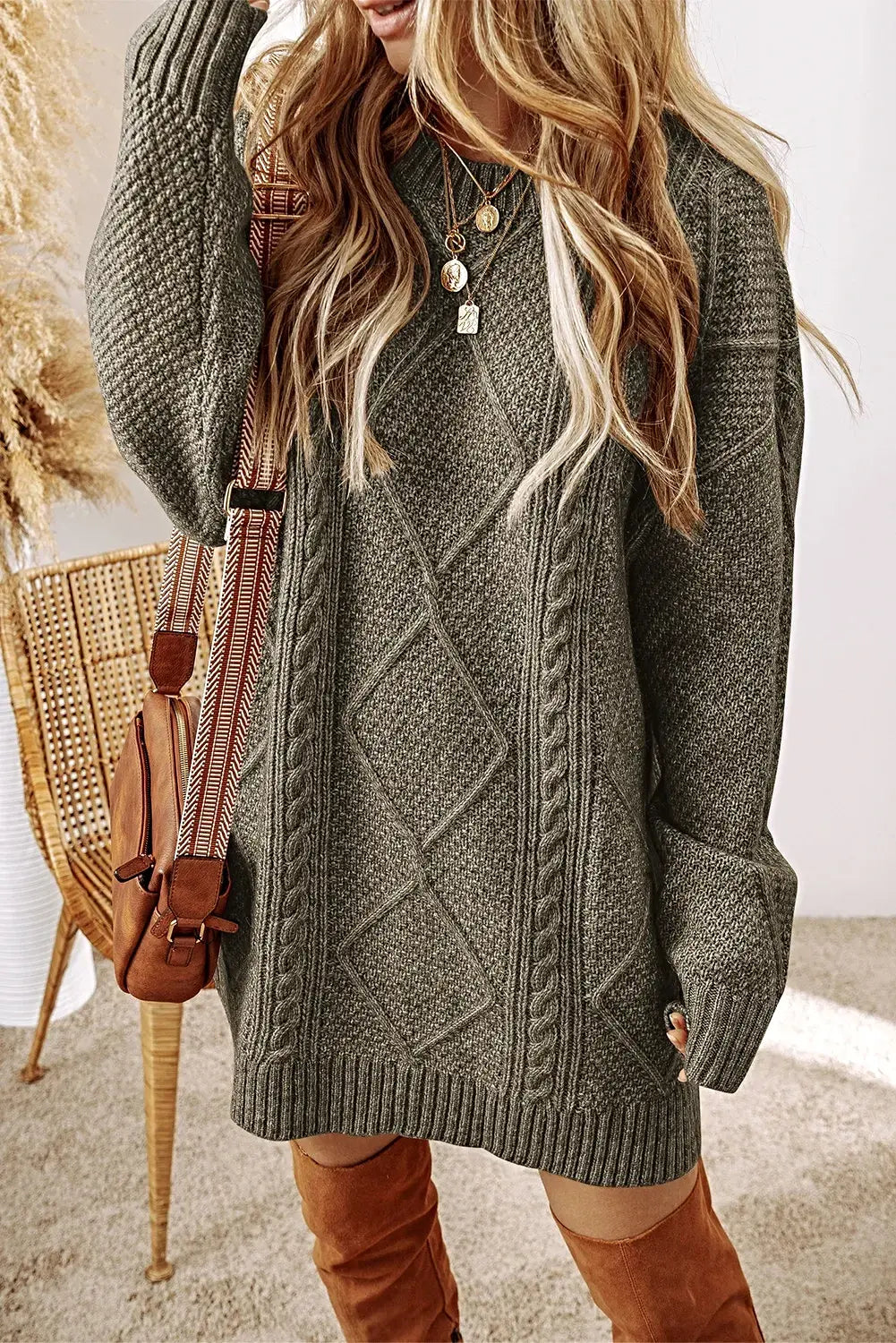 Cable-Knit Round Neck Sweater Dress -