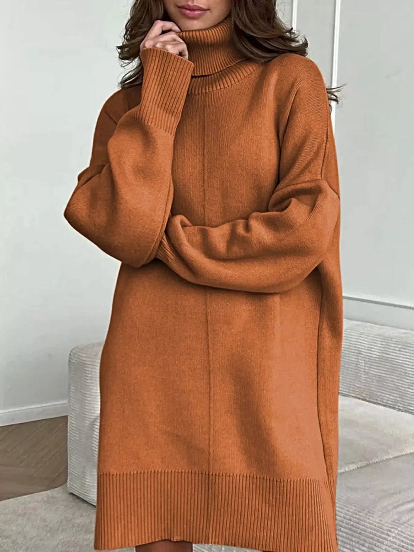 Solid Color Turtleneck Drop Shoulder Loose Sweater Dress -