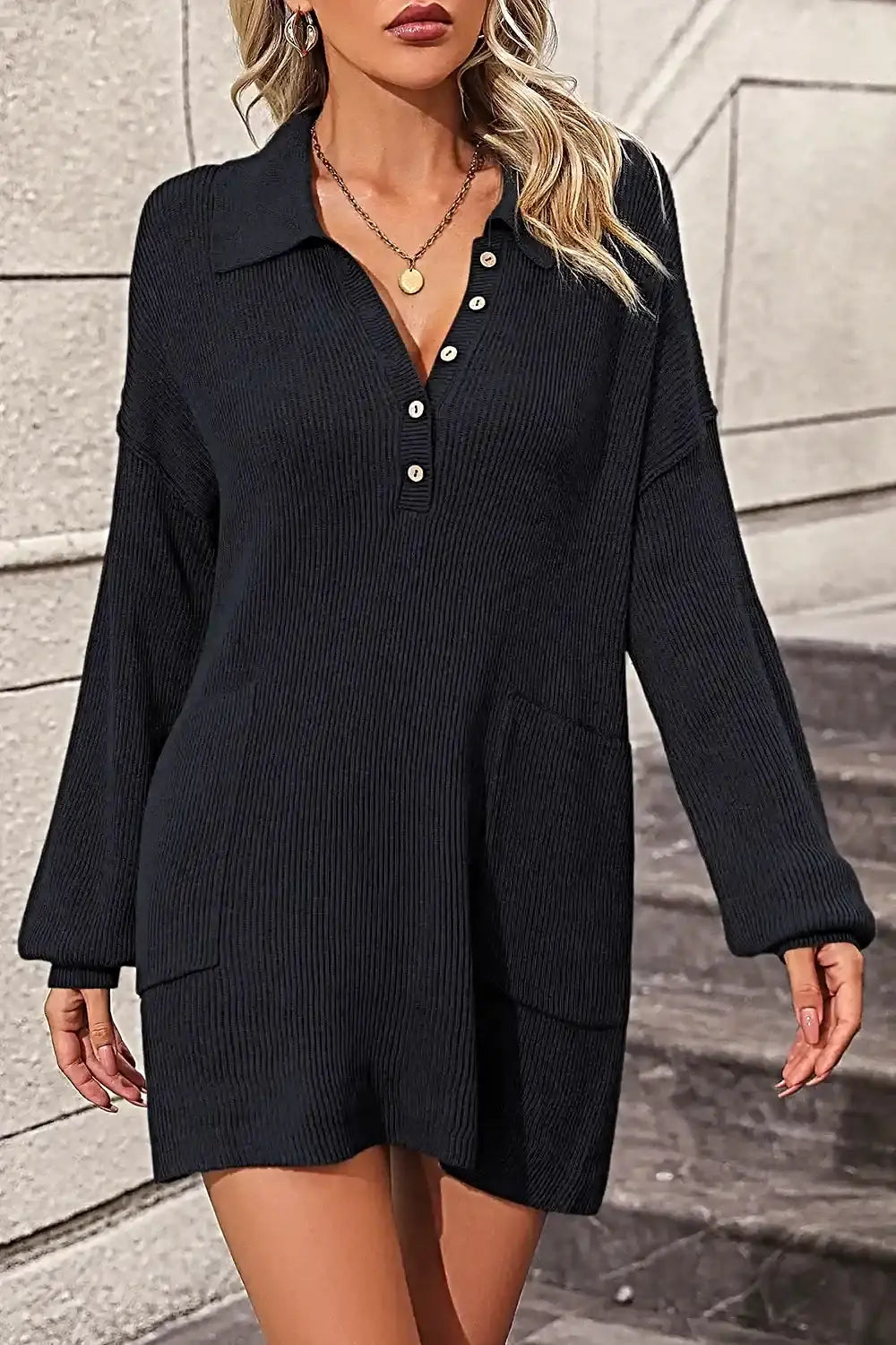 Collared Neck Long Sleeve Sweater Dress with Pockets -