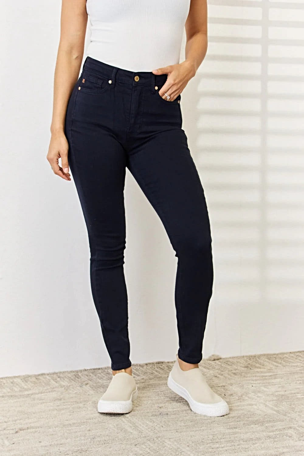 Judy Blue Tummy Control Skinny Jeans - Full Size Garment Dyed for a Flattering Fit Trendsi