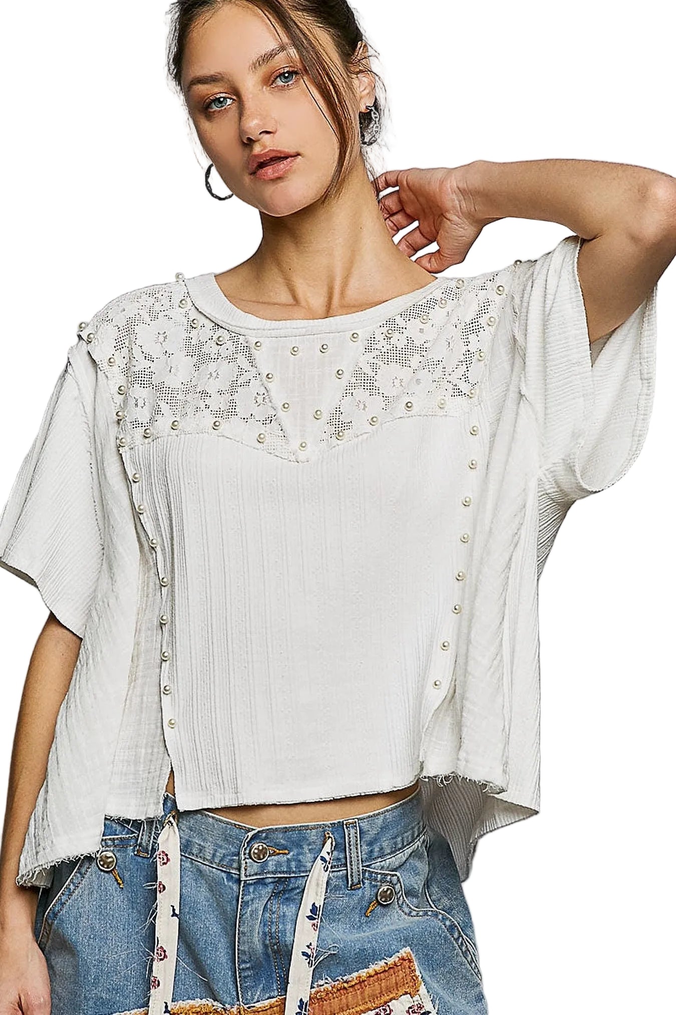 POL Lace Pearl Stud Round Neck Short Sleeve Shirt -