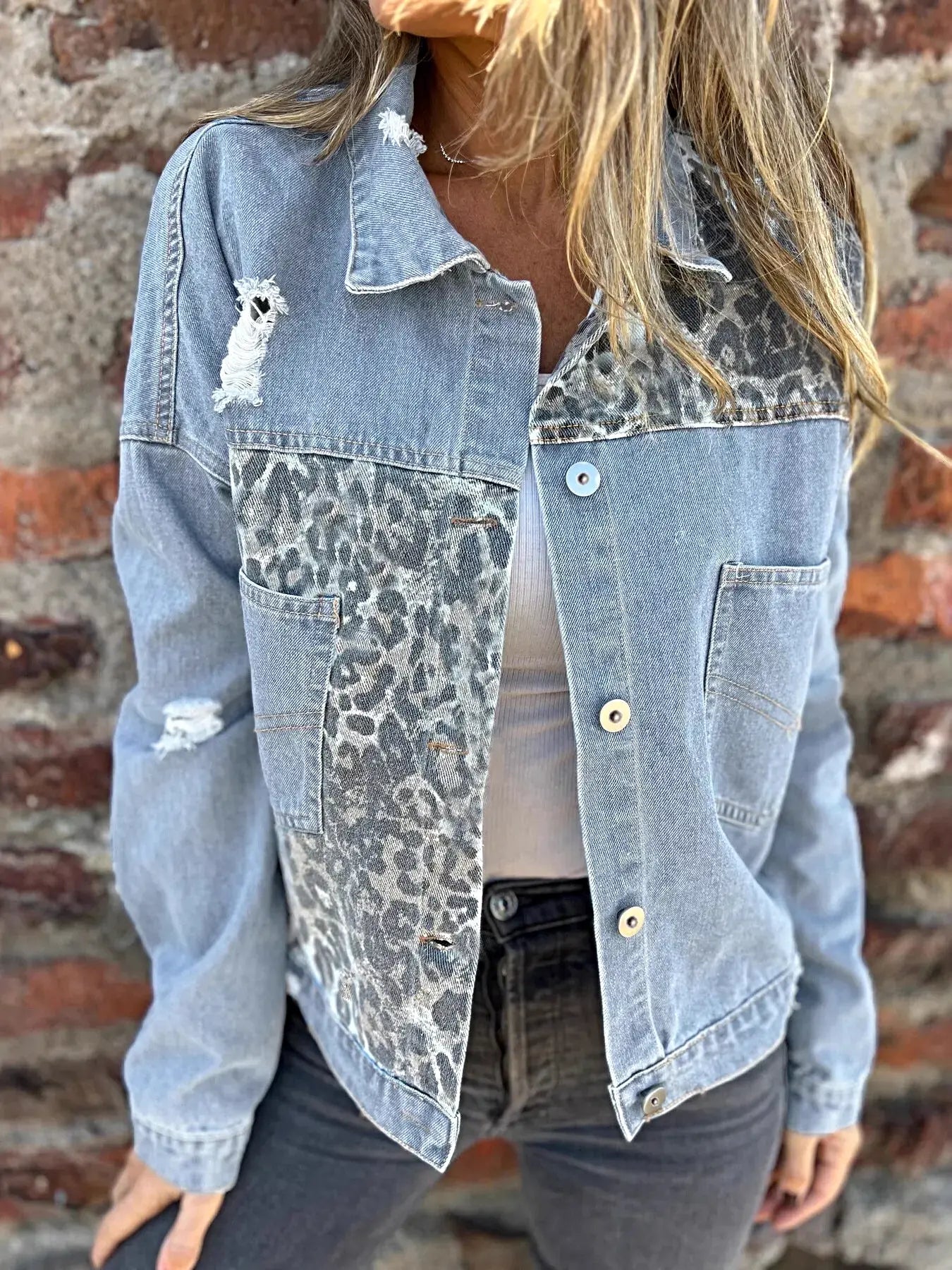 Full Size Leopard Button Up Denim Jacket Plus Size -