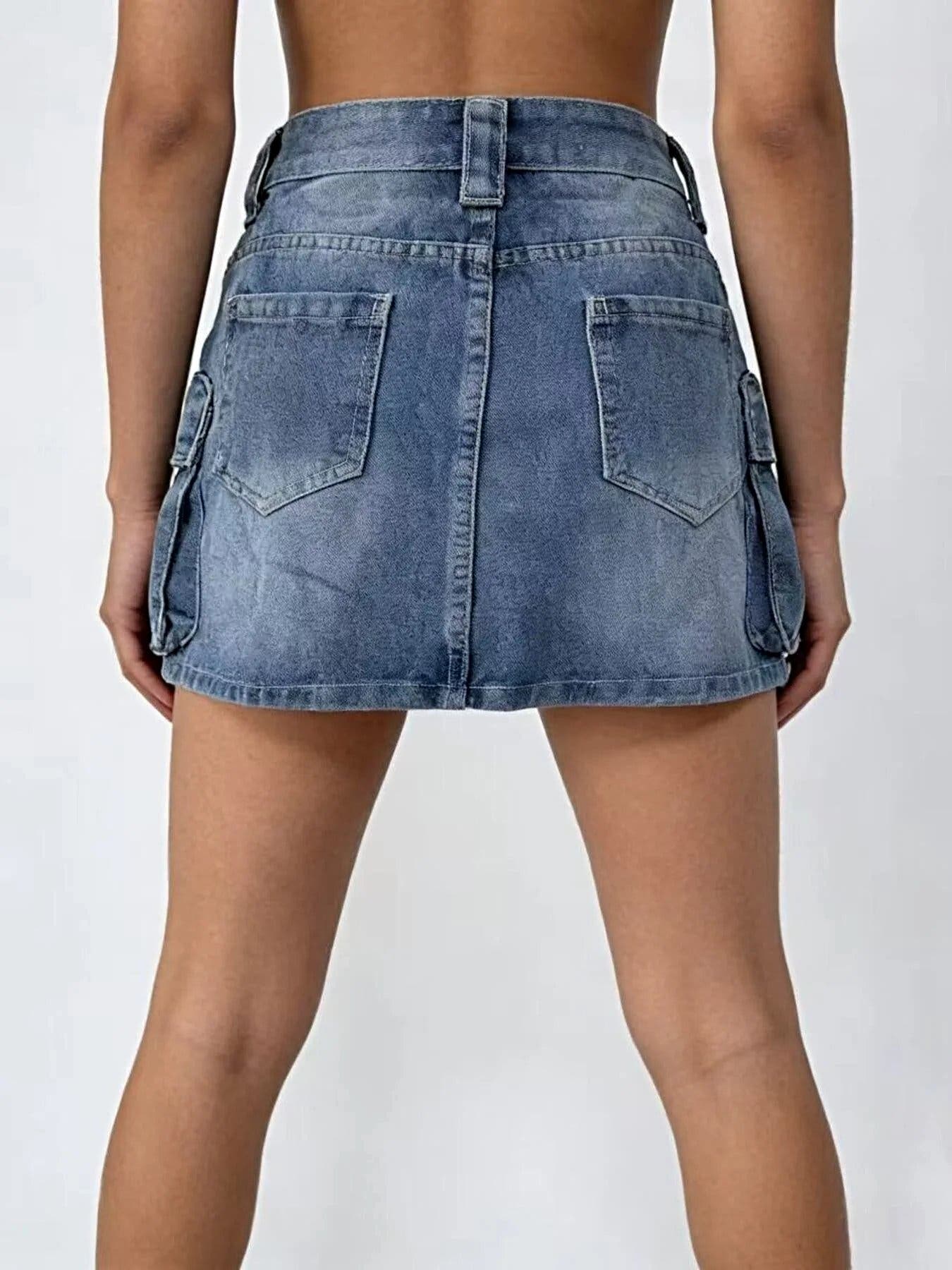 Washed Cargo Denim Skirt -