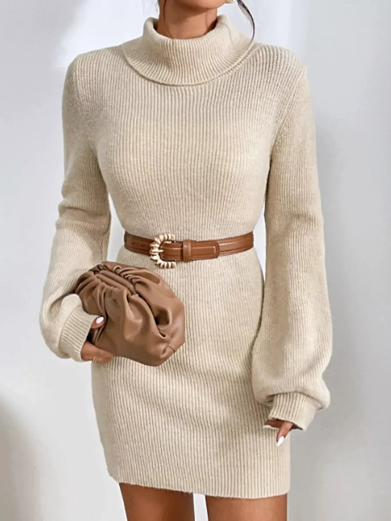 Women's Ribbed Turtleneck Sweater Dress - Stretch Knit For Elegant Cold-Weather Style -