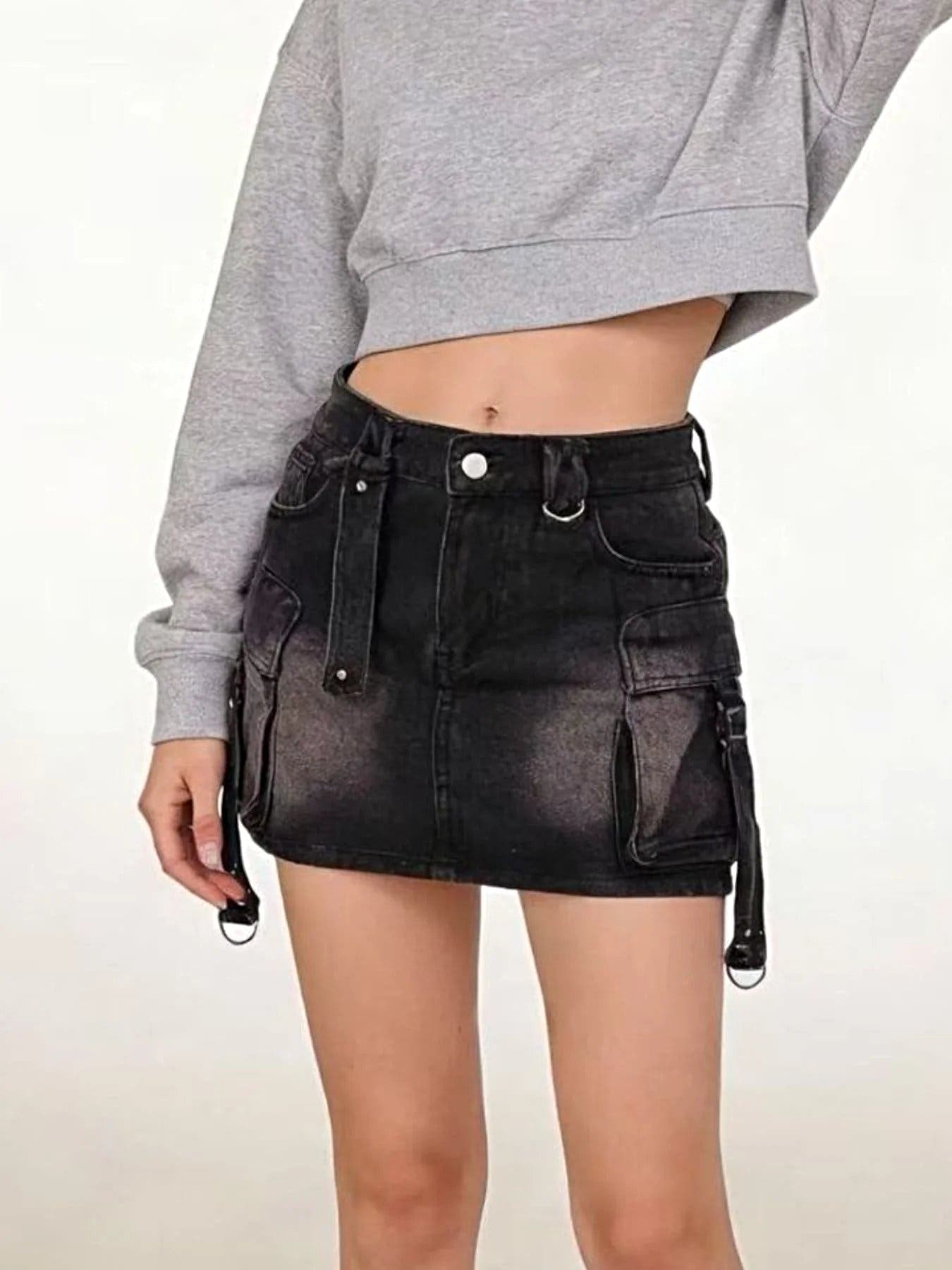 Washed Cargo Denim Skirt -
