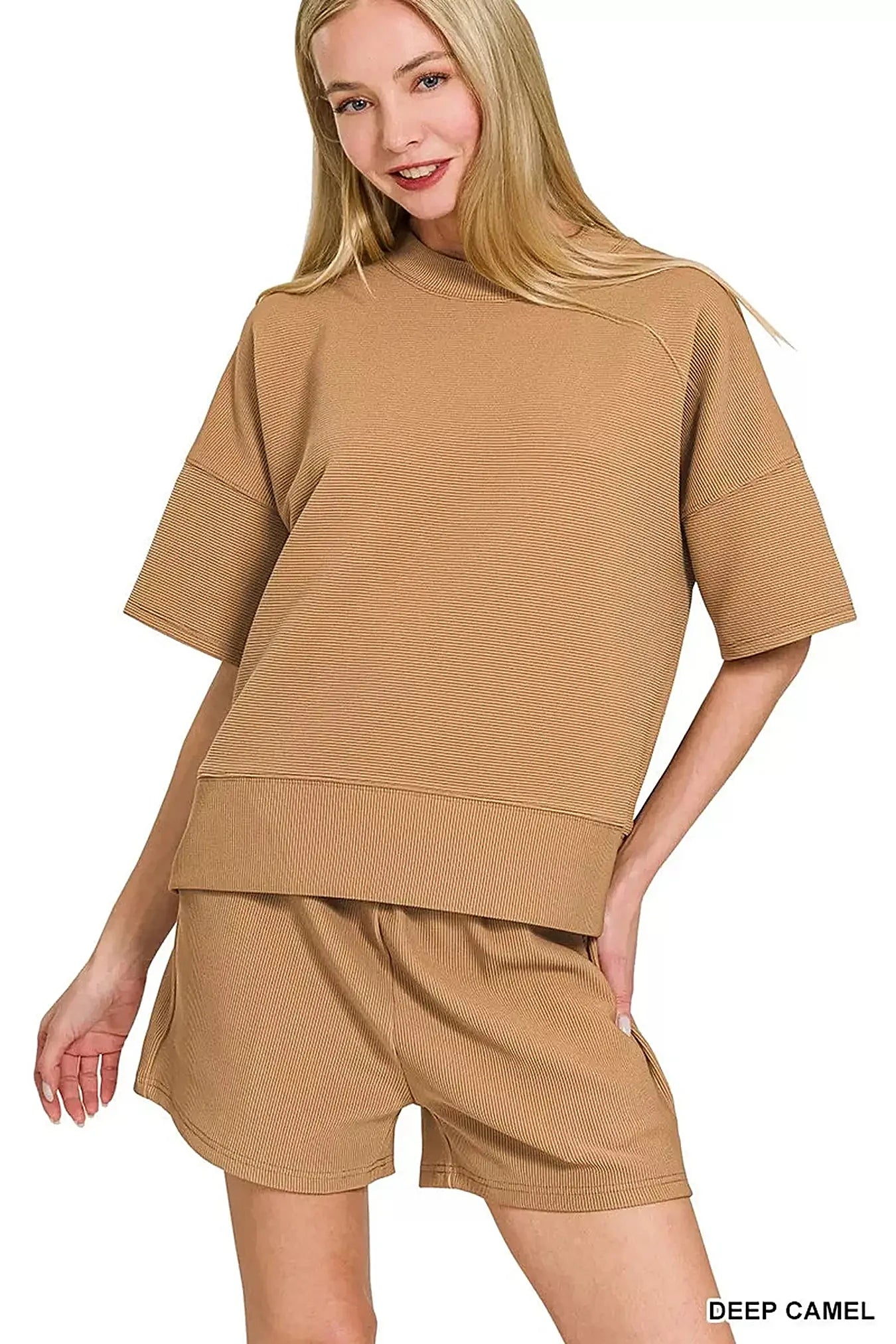 Zenana Ribbed Round Neck Waist Banded Tee & Shorts Set -