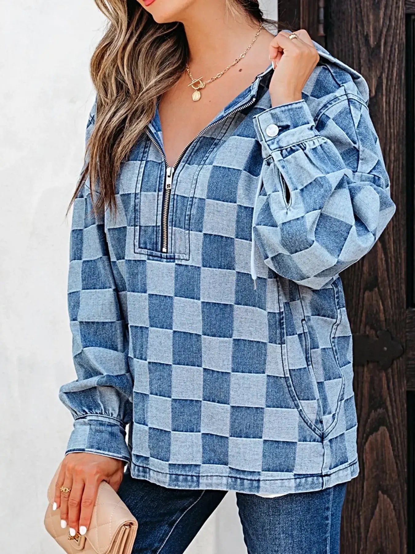 Checkered Half Zip Denim Hoodie Top -