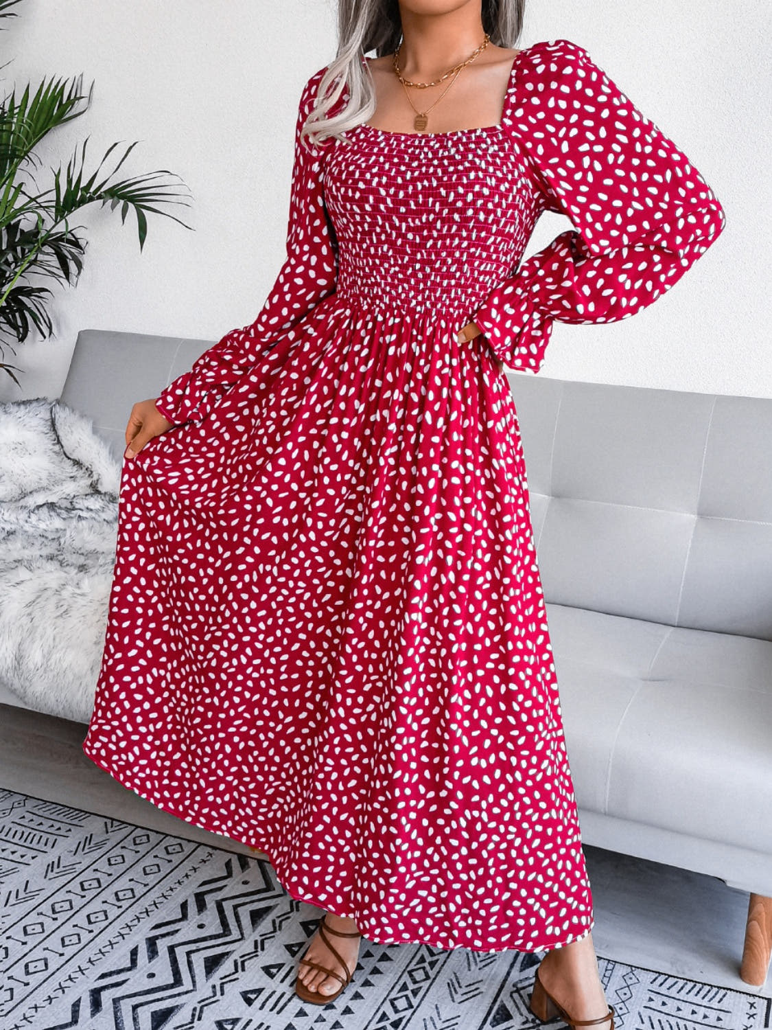 Smocked Square Neck Flounce Sleeve Dress -