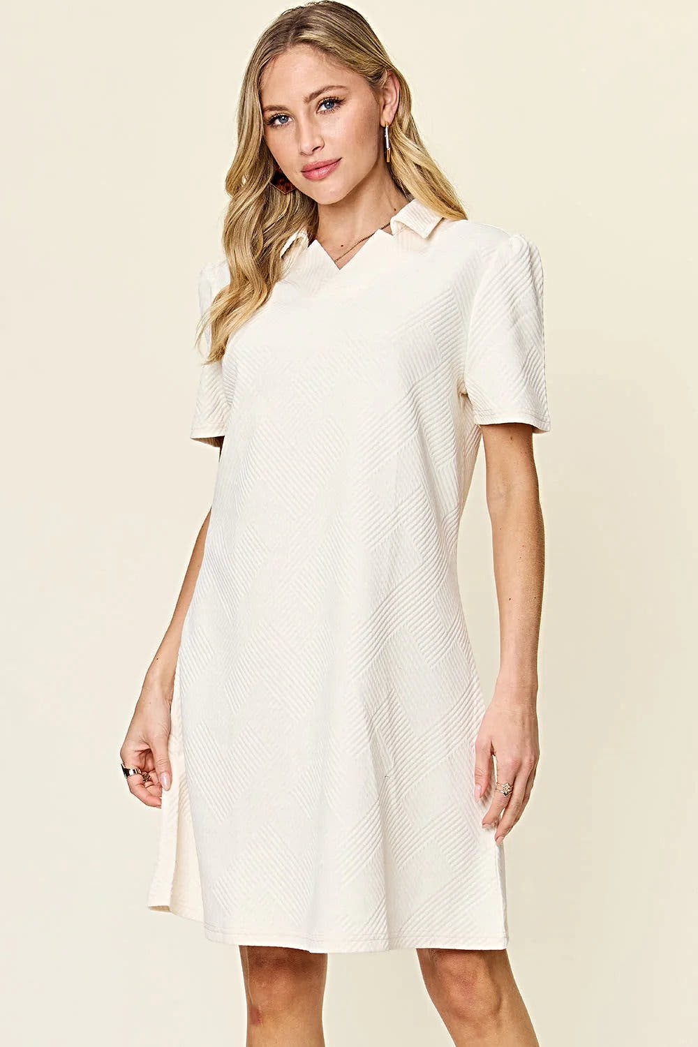 Elegant Double Take Short Sleeve Collar Dress - Textured Opaque Design, Slightly Stretchy, Machine Washable Trendsi