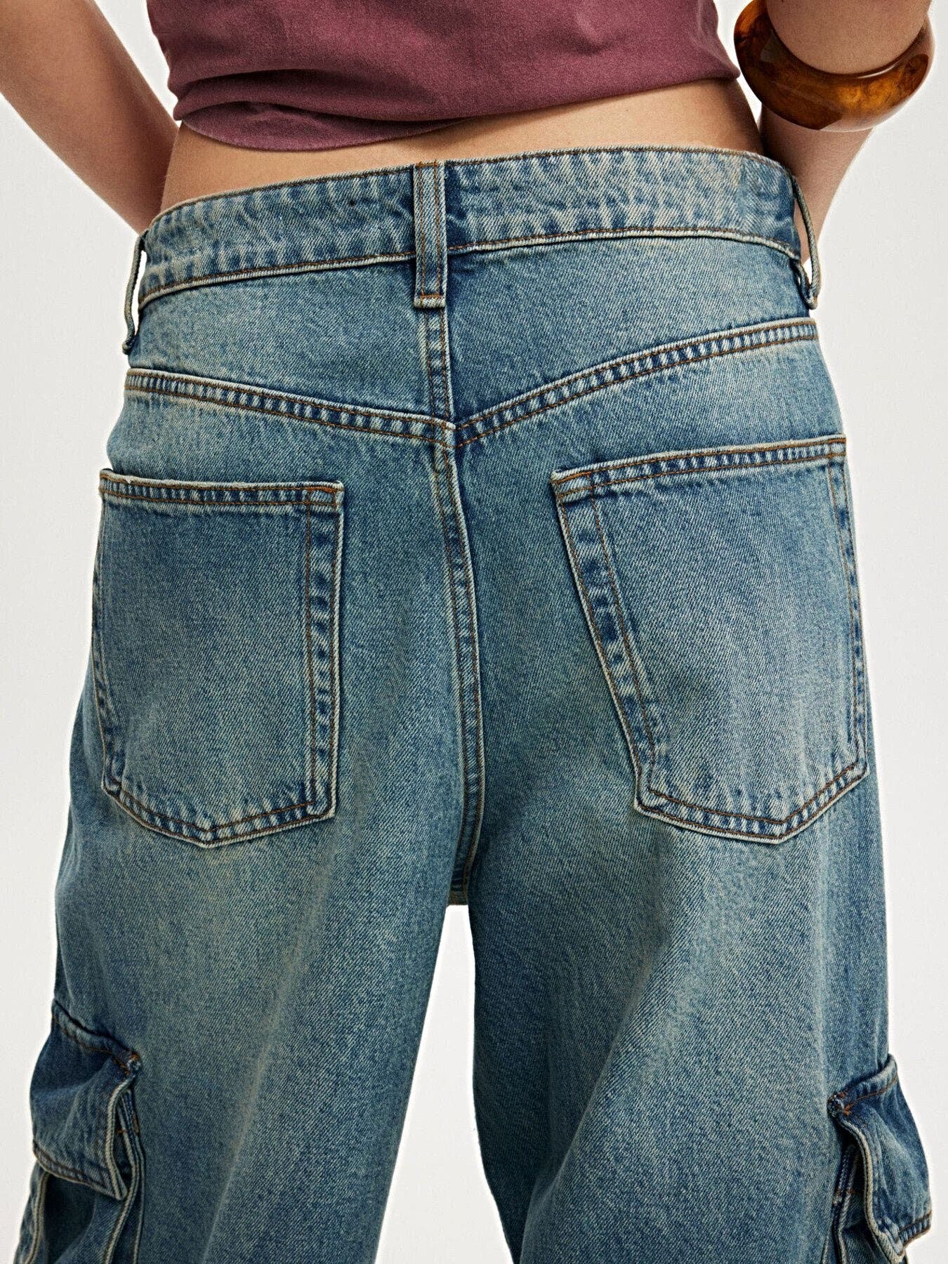 Vintage Wash Wide Leg Cargo Jeans -
