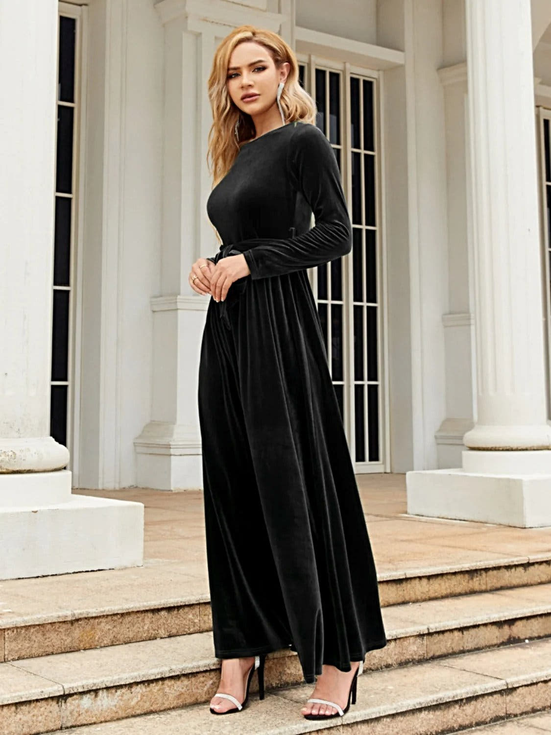 Elegant Tie Front Long Sleeve Maxi Dress in Opaque Polyester – Comfortable and Stylish Trendsi