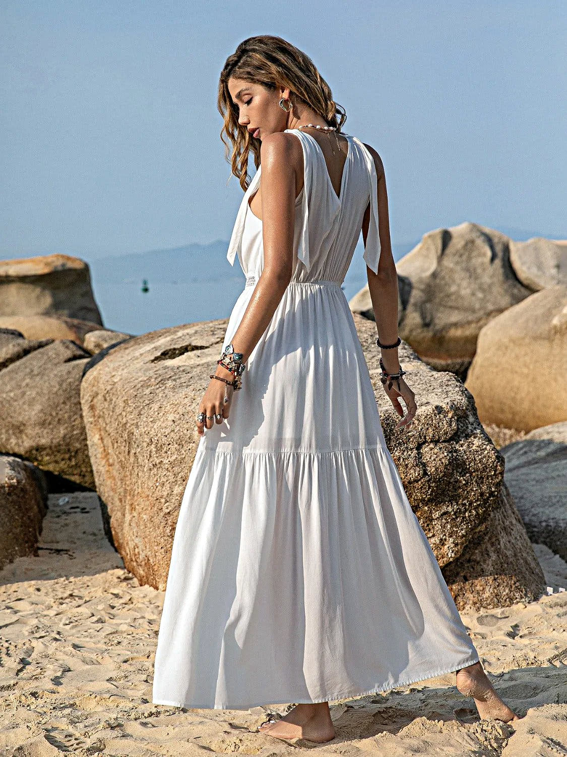 V-Neck Tie Shoulder Crochet Maxi Dress -