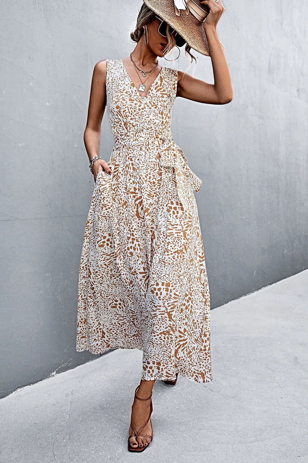 Printed V-Neck Tie Waist Maxi Dress -