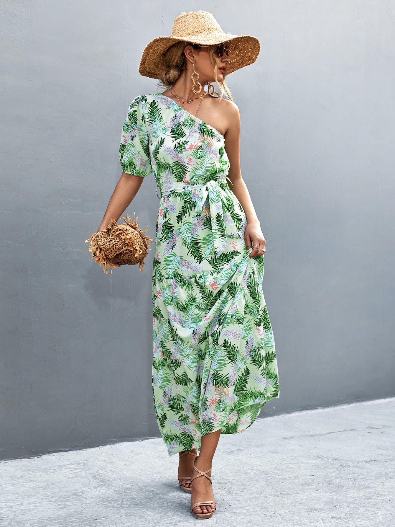 Printed Tie Waist One Shoulder Maxi Dress -