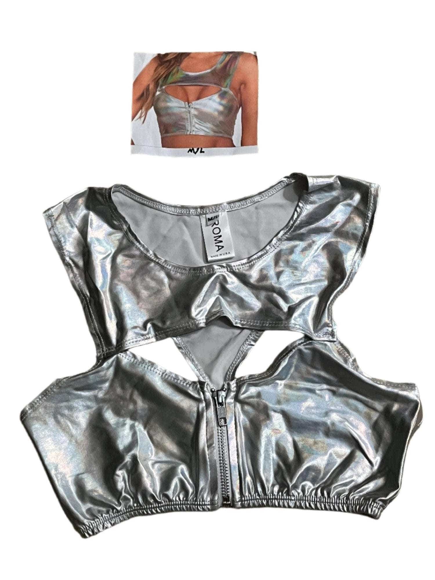 ROMA IS-3752 Shiny Metalic Crop Top, Gold, S/M; Silver, M/L. Reg.$$26 - Crop top