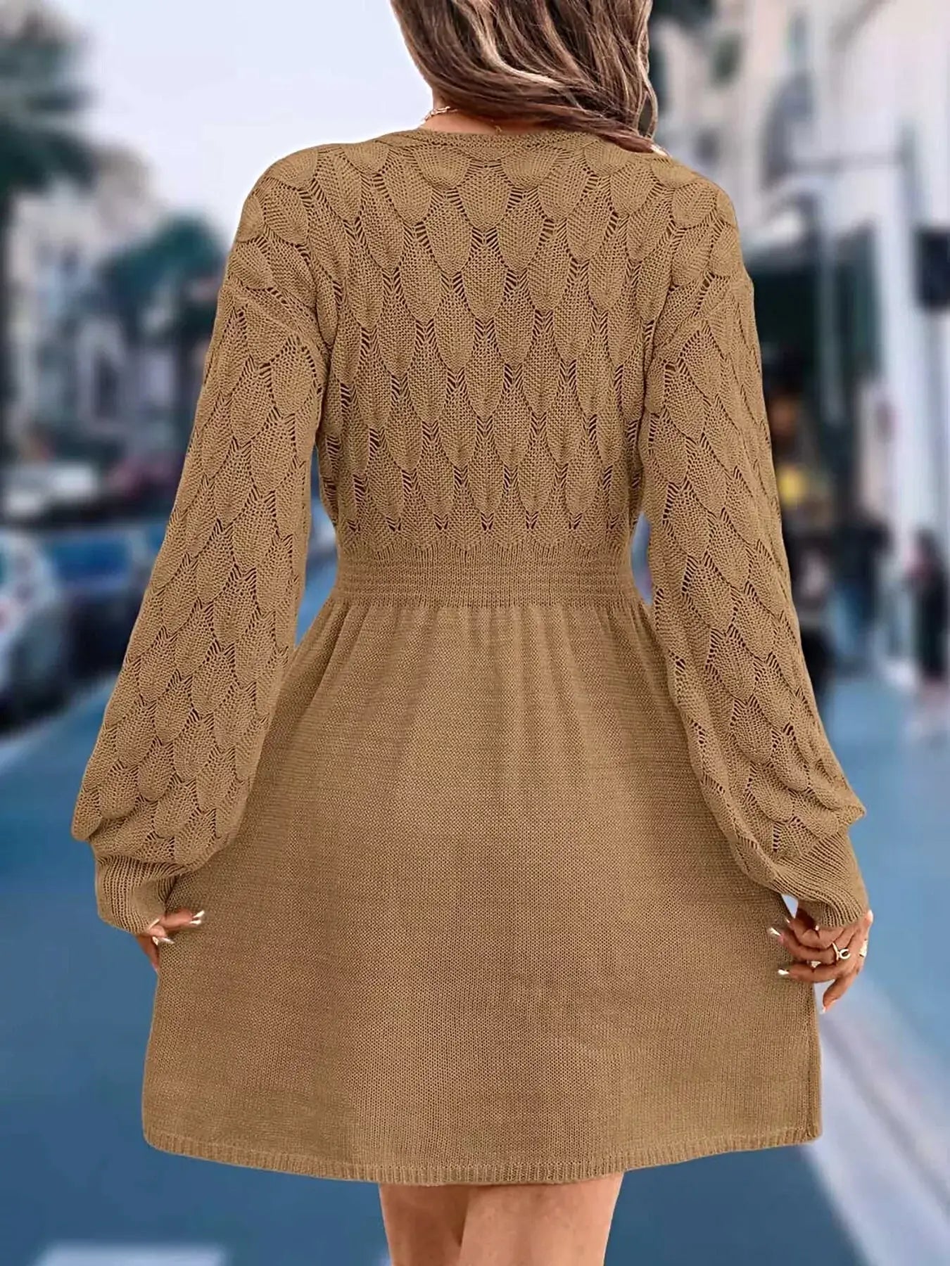 V-Neck Long Sleeve Sweater Dress -