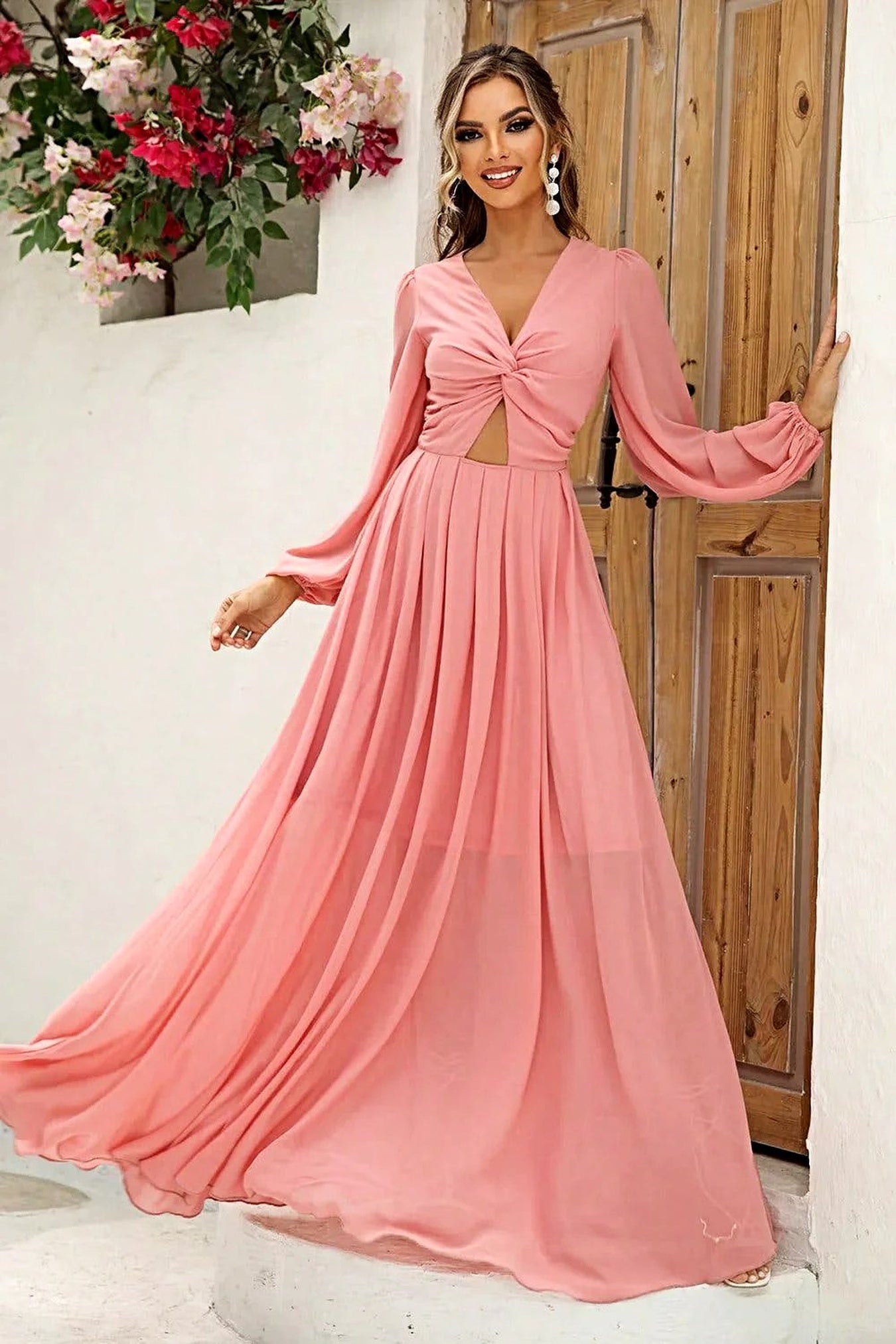 Chic Twist Front Cutout Long Sleeve Women's Fashion Dress in 100% Polyester Trendsi