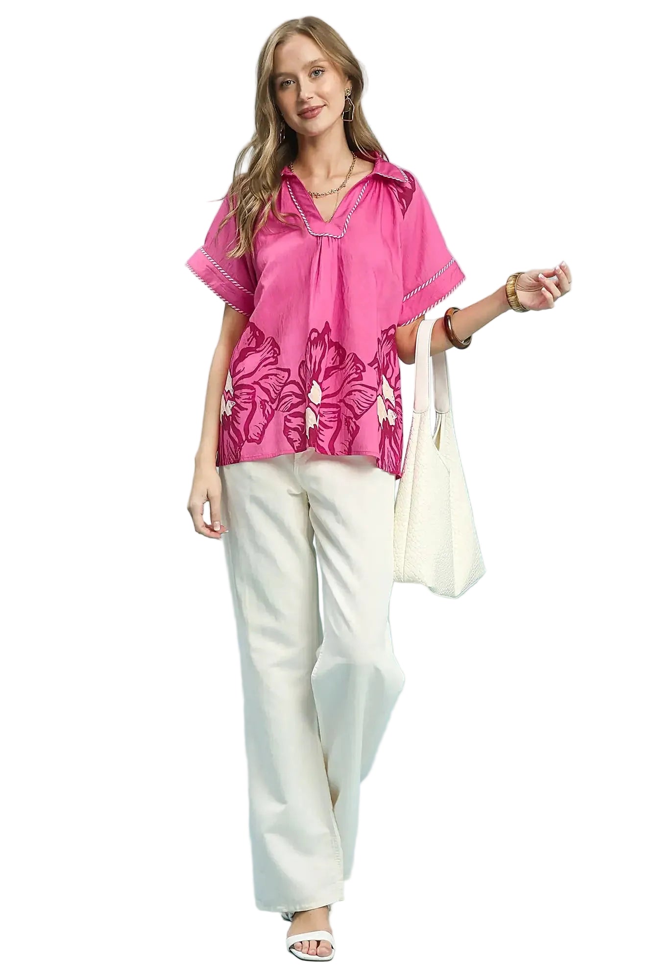 Umgee Floral Split-Neck Short Sleeve Top -