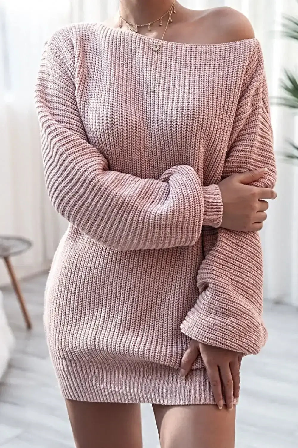 Boat Neck Long Sleeve Mini Sweater Dress -