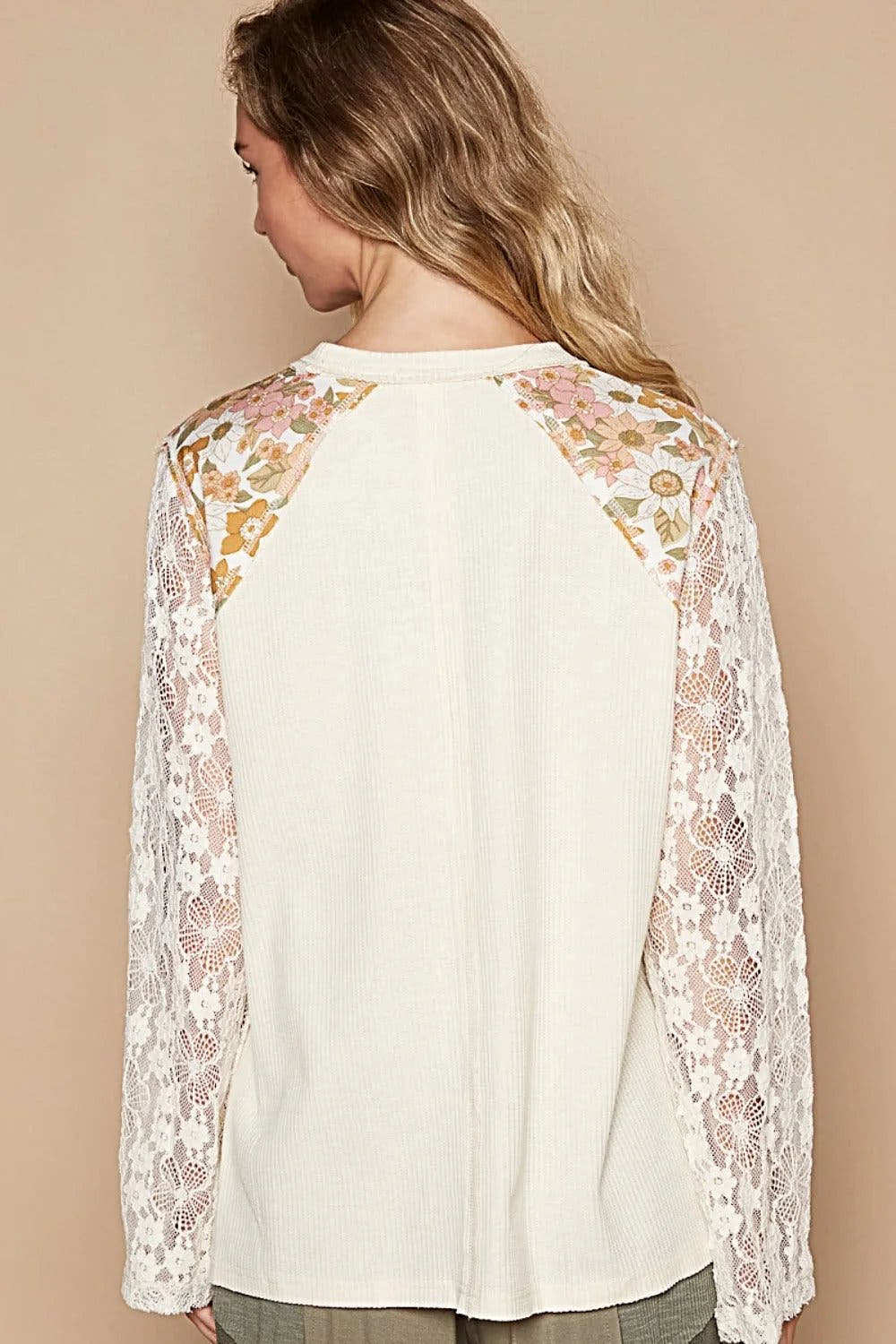 POL Flower Patch Lace Sleeve Knit Top -