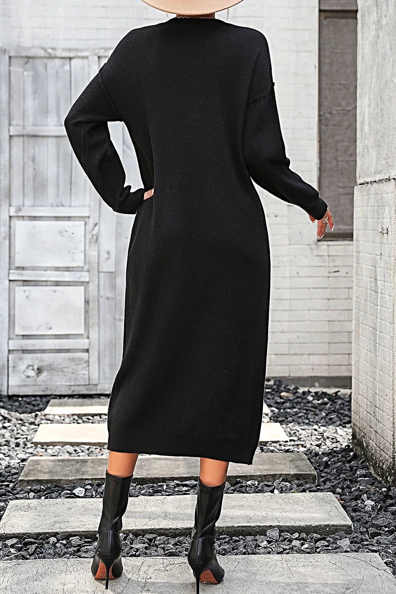 Notched Neck Dropped Shoulder Button-Down Midi Dress -