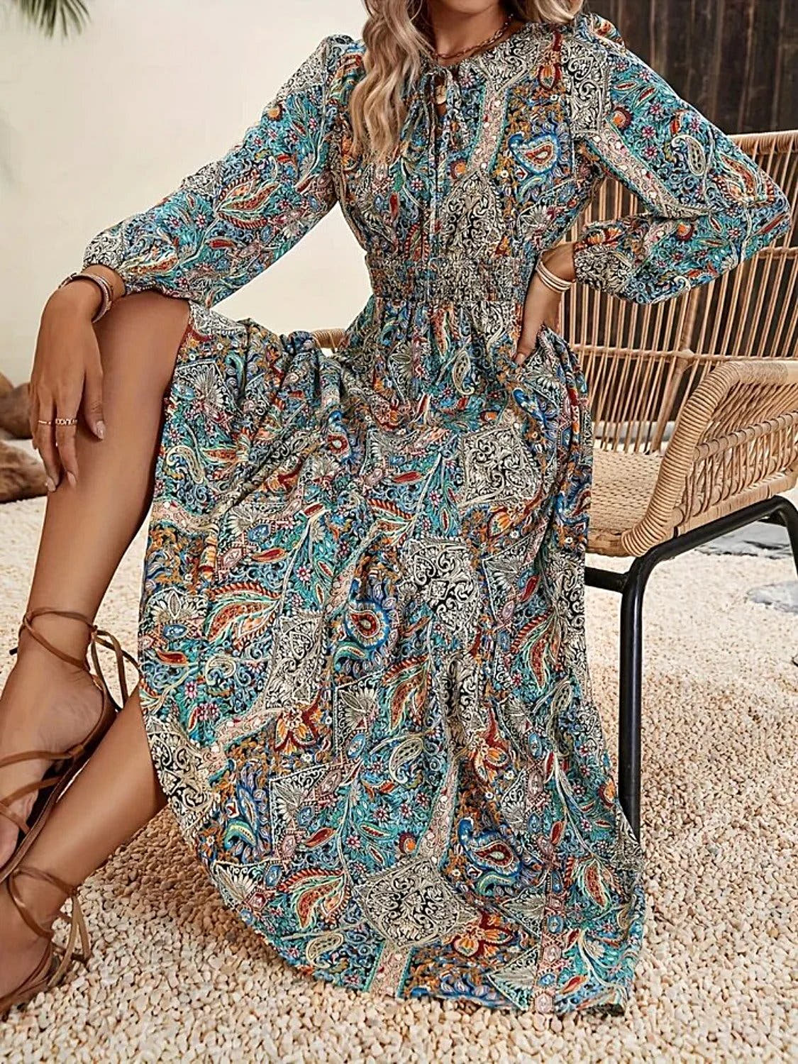 Trendy Printed Tie Neck Long Sleeve Maxi Dress - Fashionable Maxi Dress For Events Trendsi