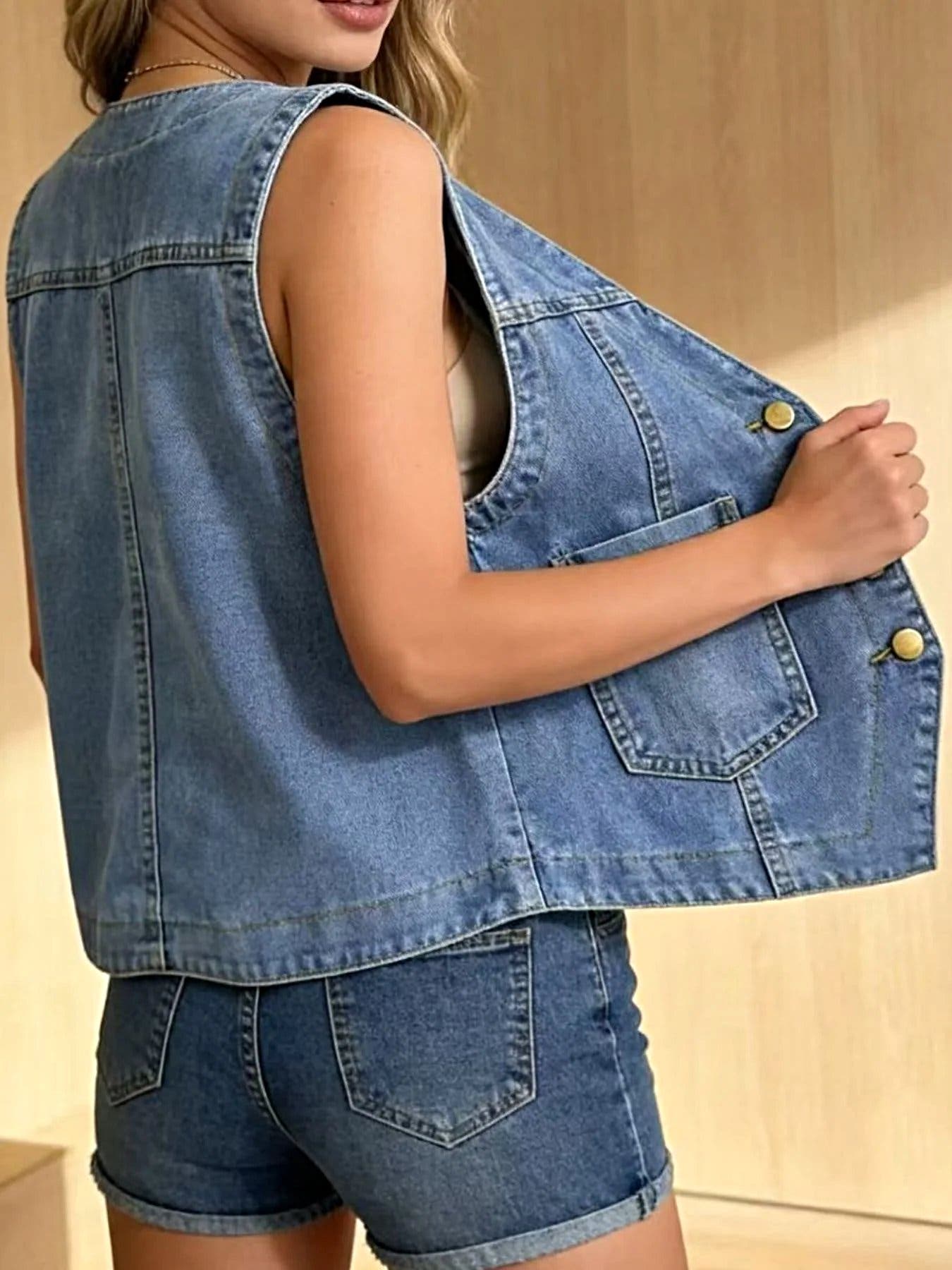 Plus Size Button-Down Denim Vest -