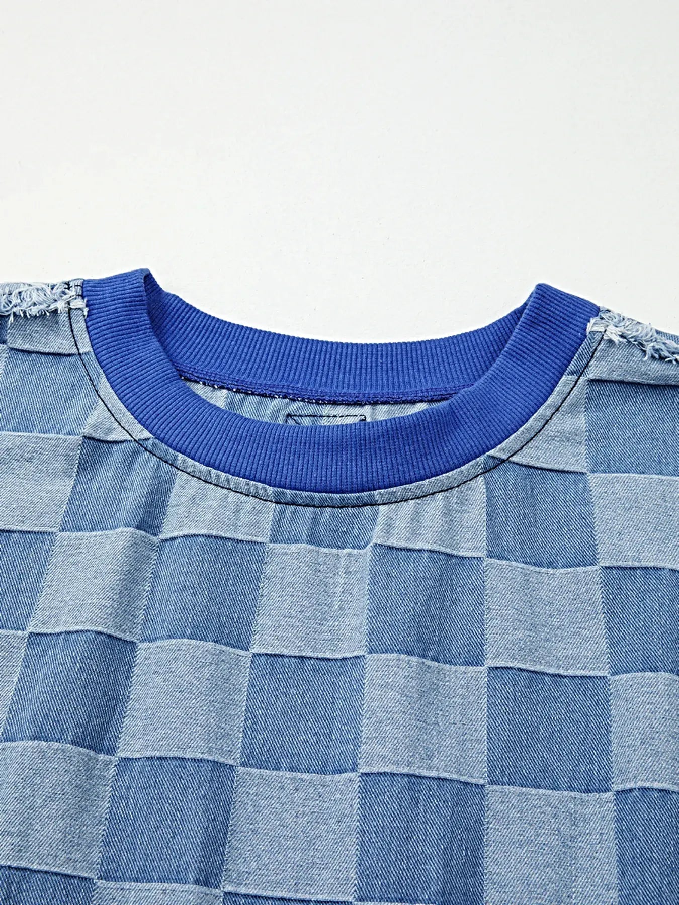 Checkerboard Splicing Raw Detail Oversized Denim Top -