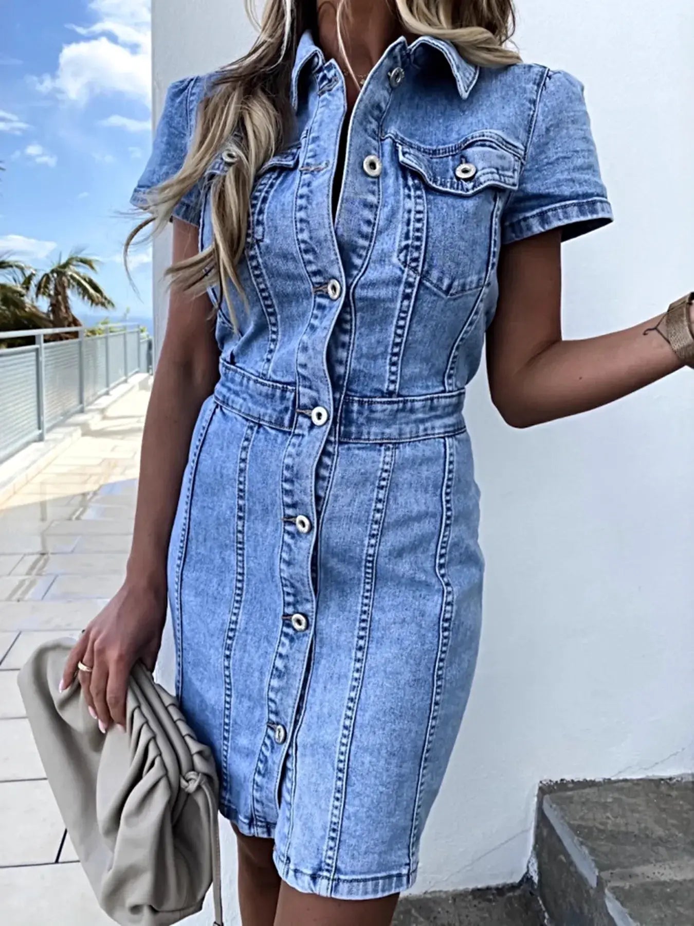 Button Front Short Sleeve Denim Dress -