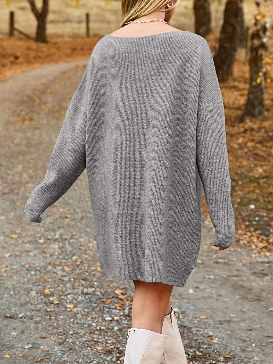 V-Neck Dropped Shoulder Sweater Dress -