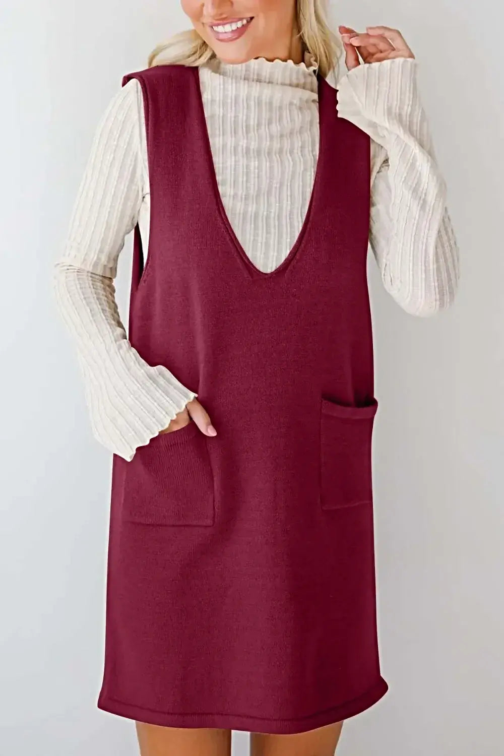 Lovelet Pocketed V-Neck Mini Sweater Overall Dress -