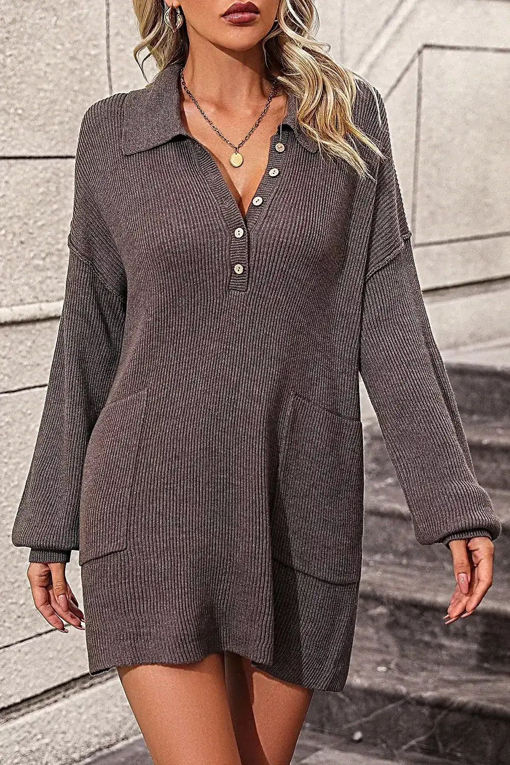 Collared Neck Long Sleeve Sweater Dress with Pockets -