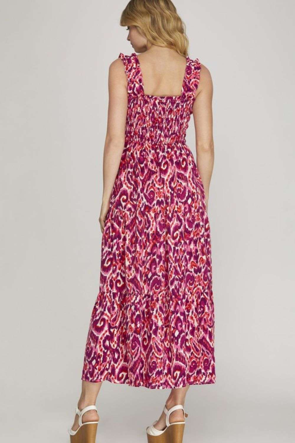 She + Sky Full Size Smocked Printed Wide Strap Tiered Dress Plus Size Trendsi