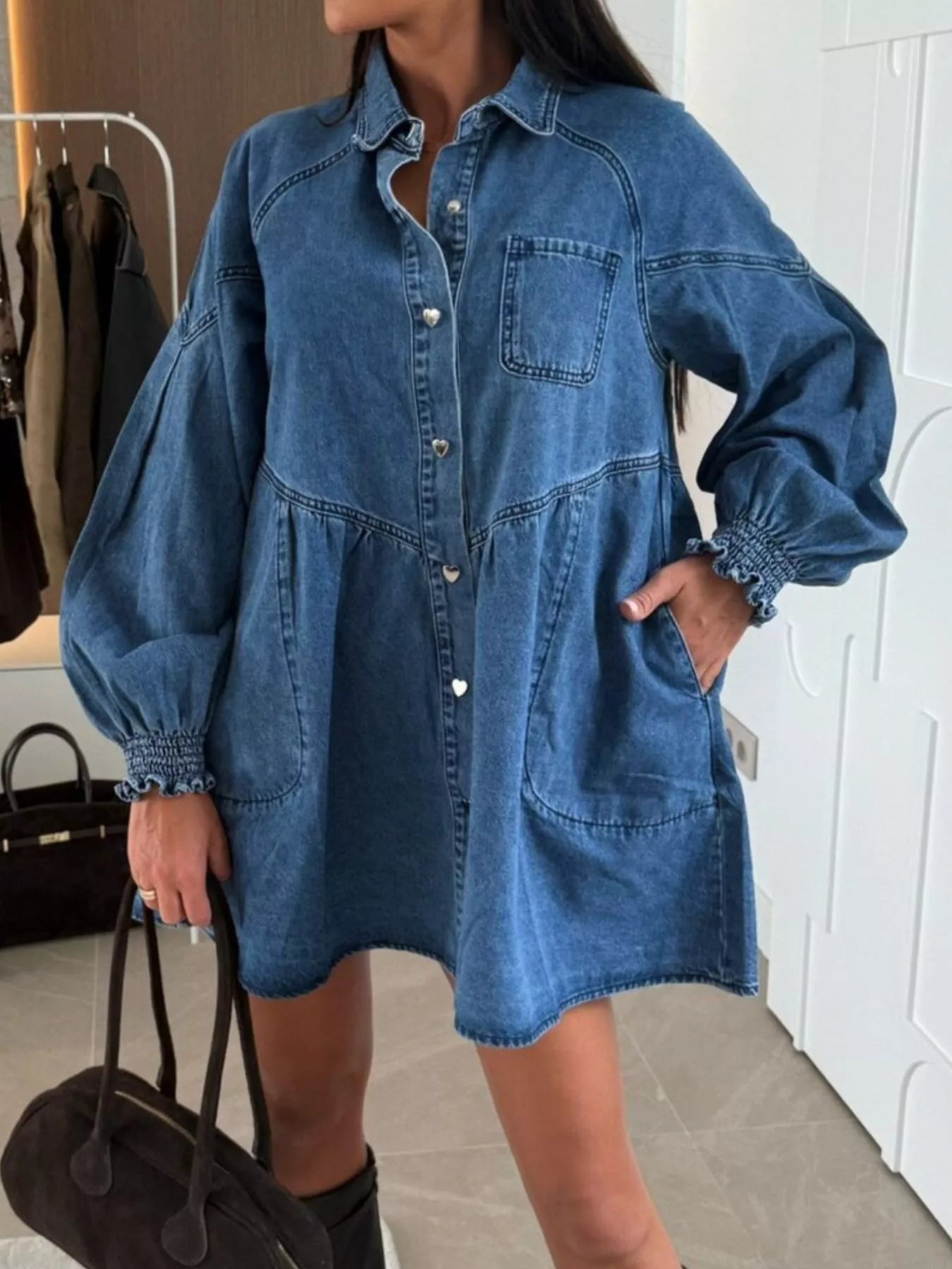 Button Down Mini Denim Dress with Front Pockets -