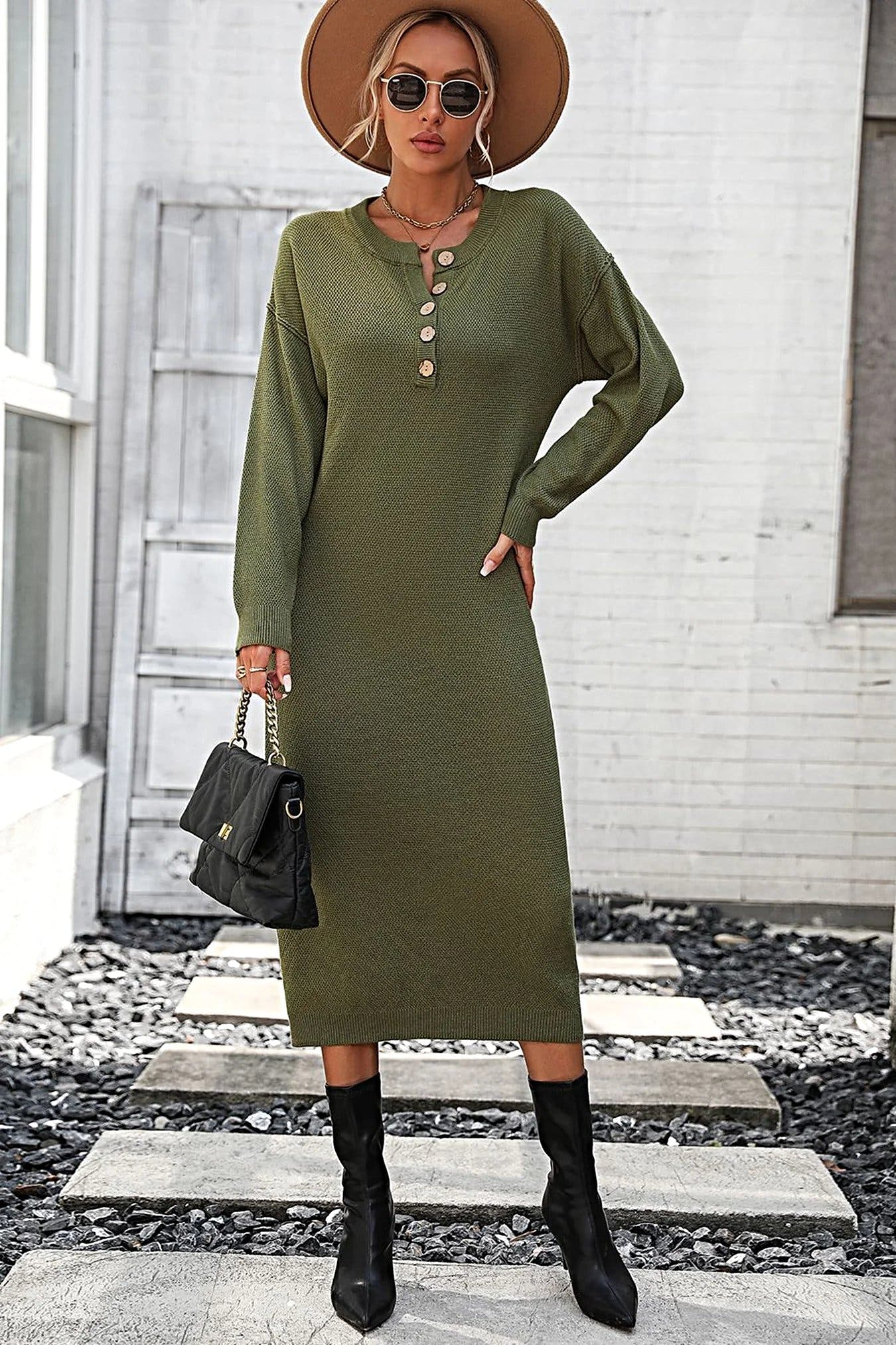 Notched Neck Dropped Shoulder Button-Down Midi Dress -