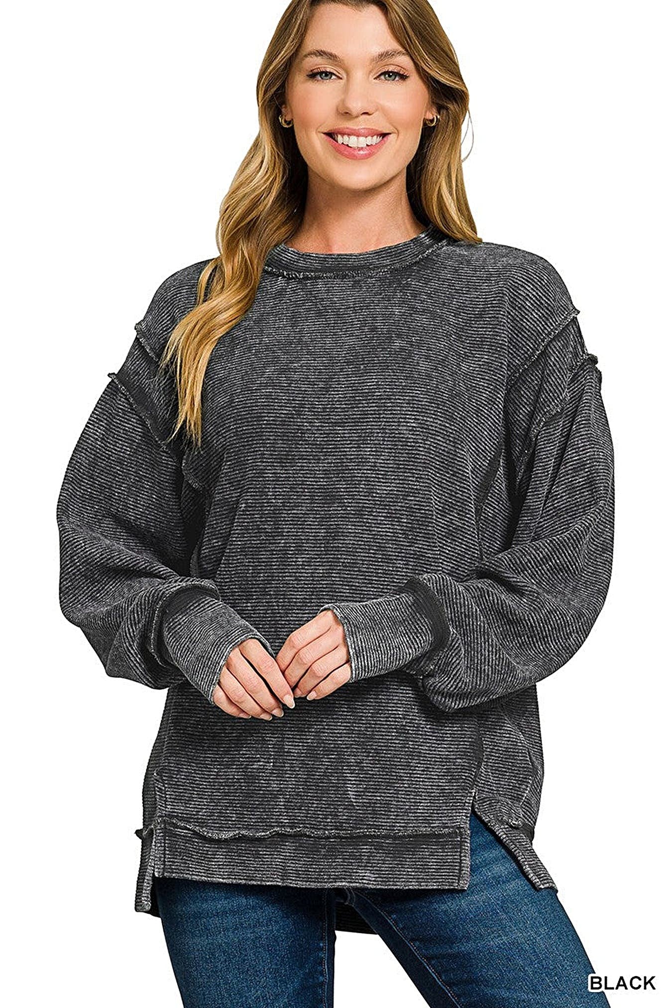 Zenana Acid Washed Double Ribbed Exposed-Seam Sweatshirt -