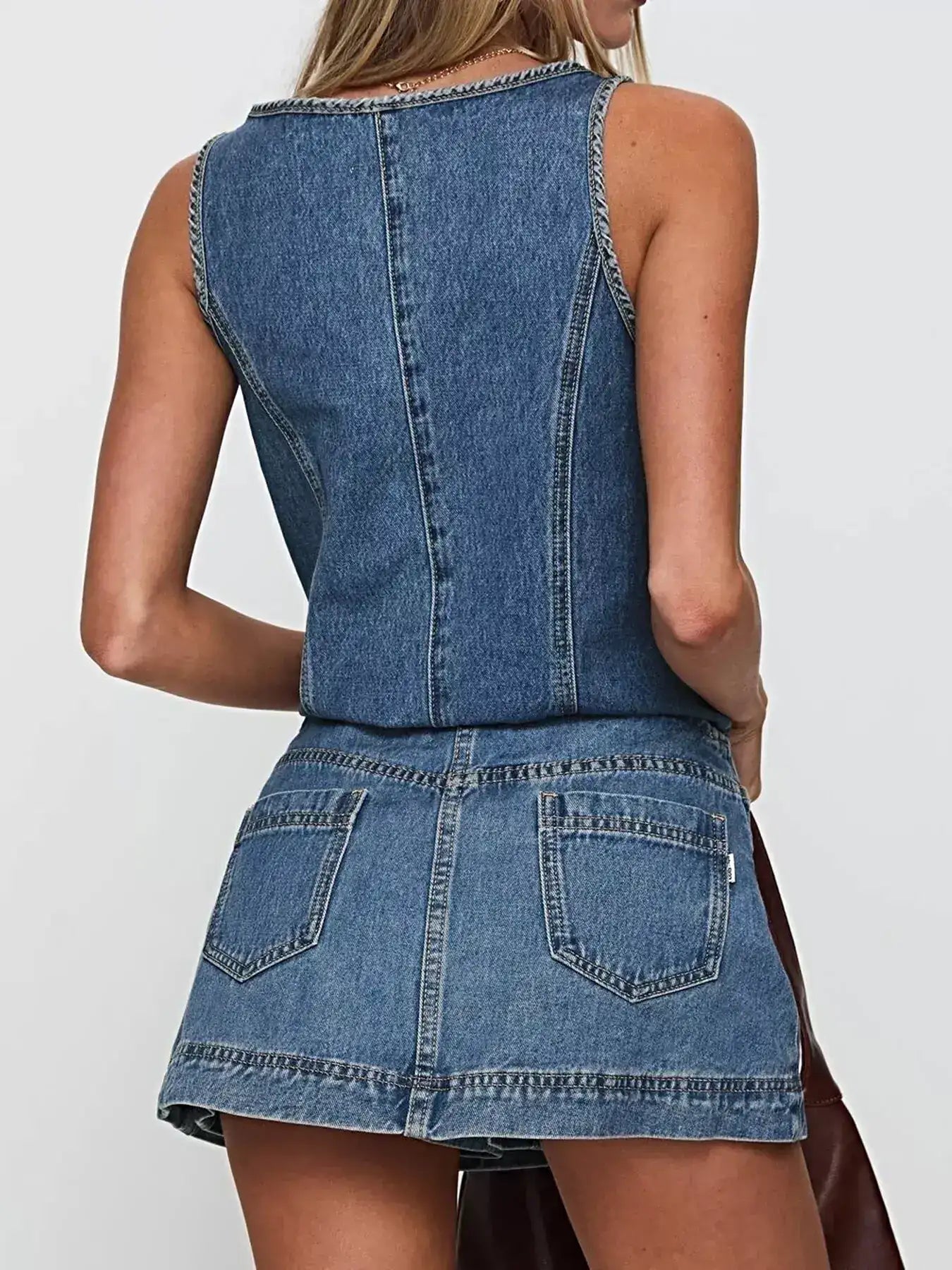 Tie-Front Tank and Skirt Denim Set -