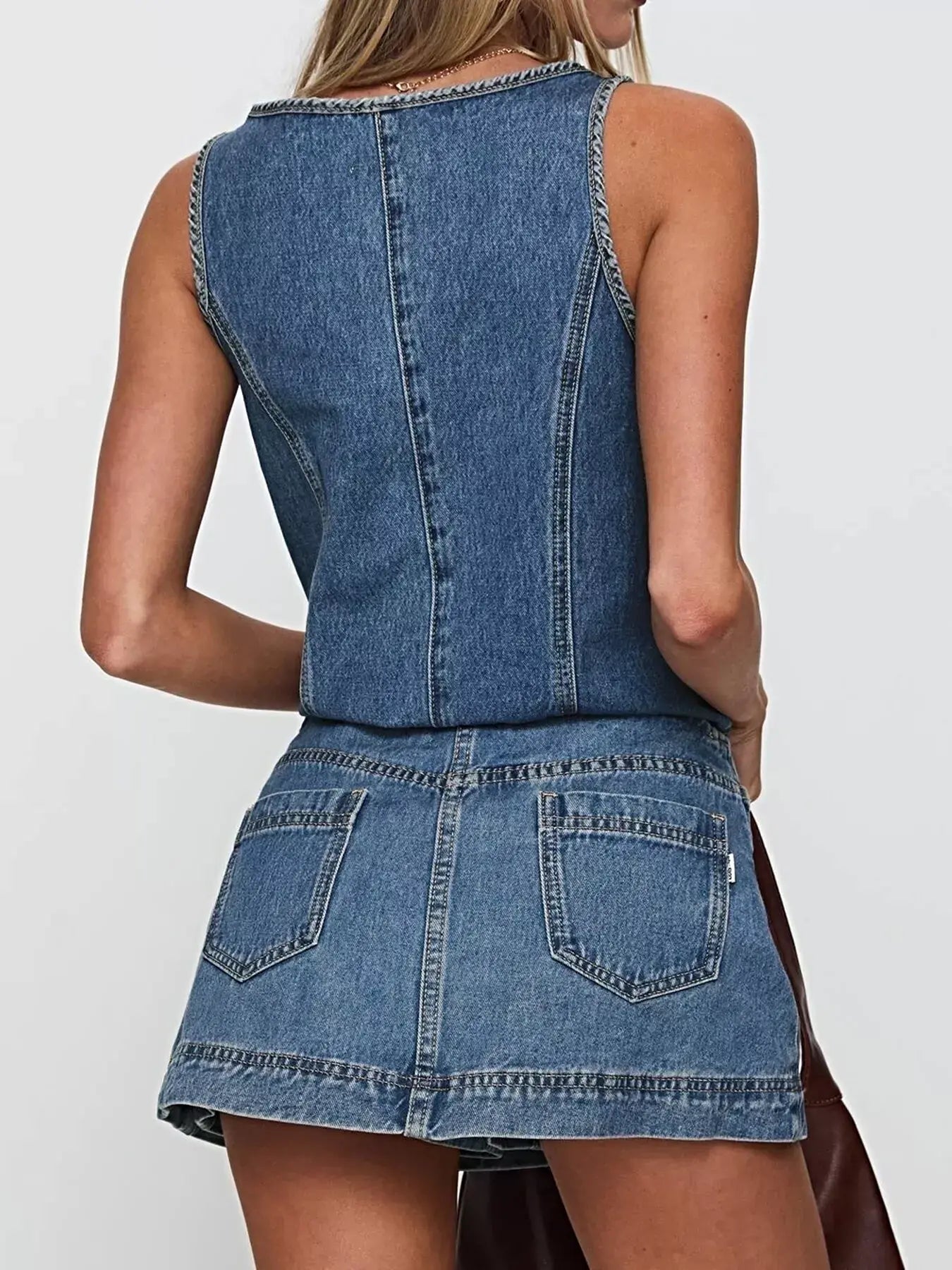 Tie-Front Tank and Skirt Denim Set -