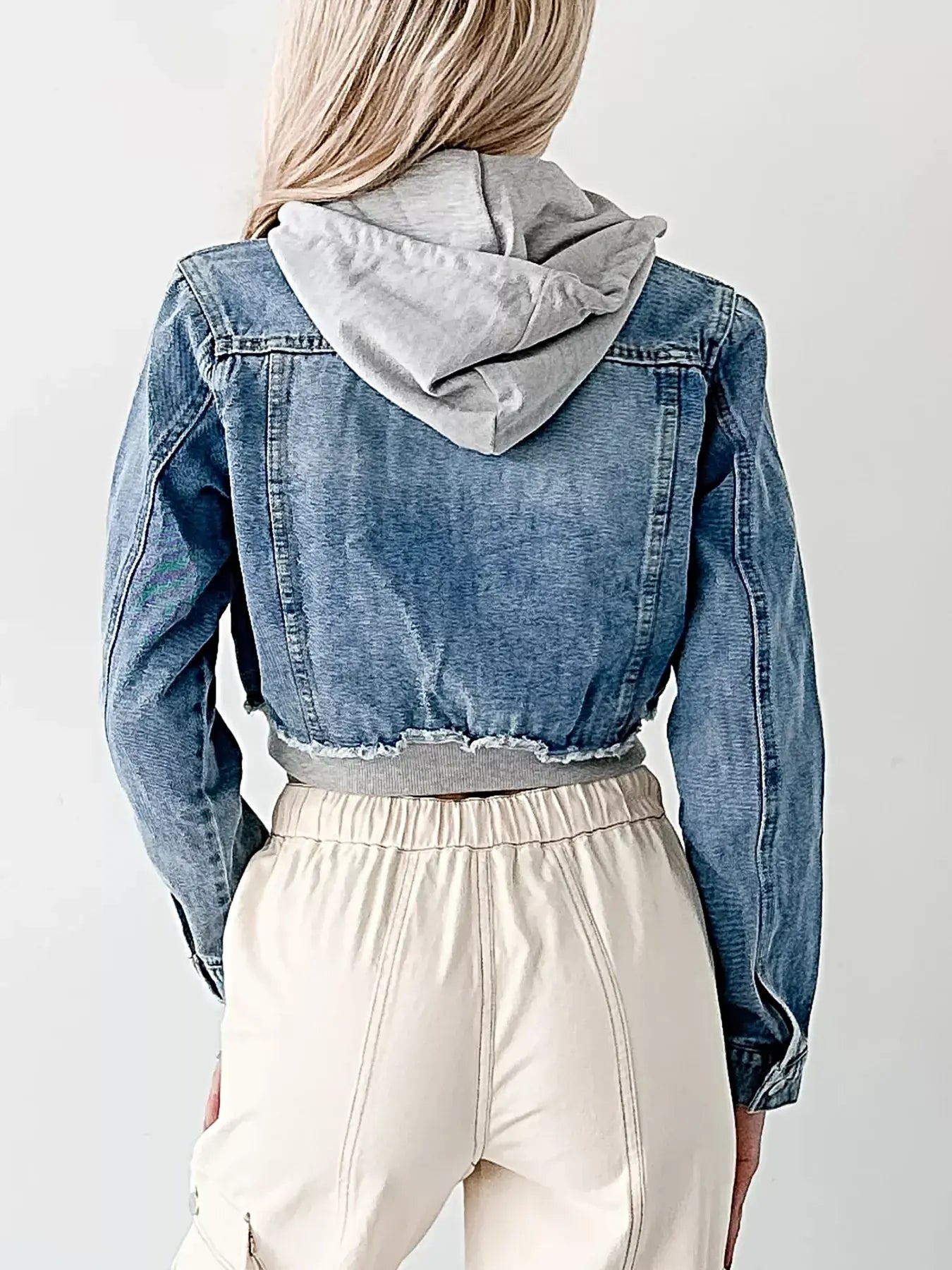 Distressed Zip Up Cropped Hooded Denim Jacket -
