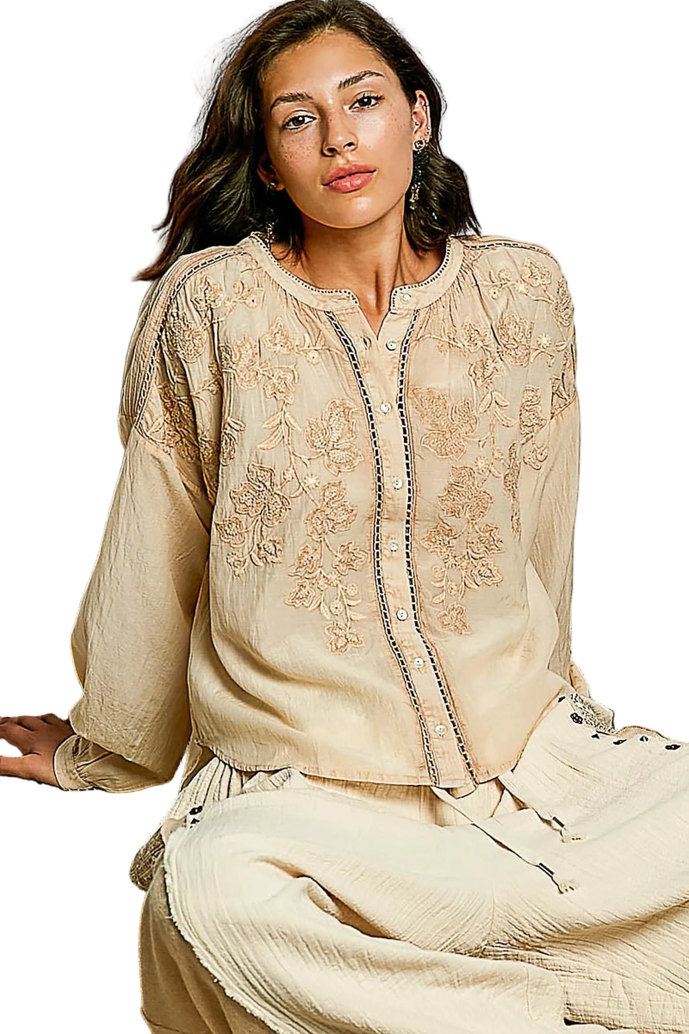POL Embroidery Button Down Long Sleeve Washed Shirt -