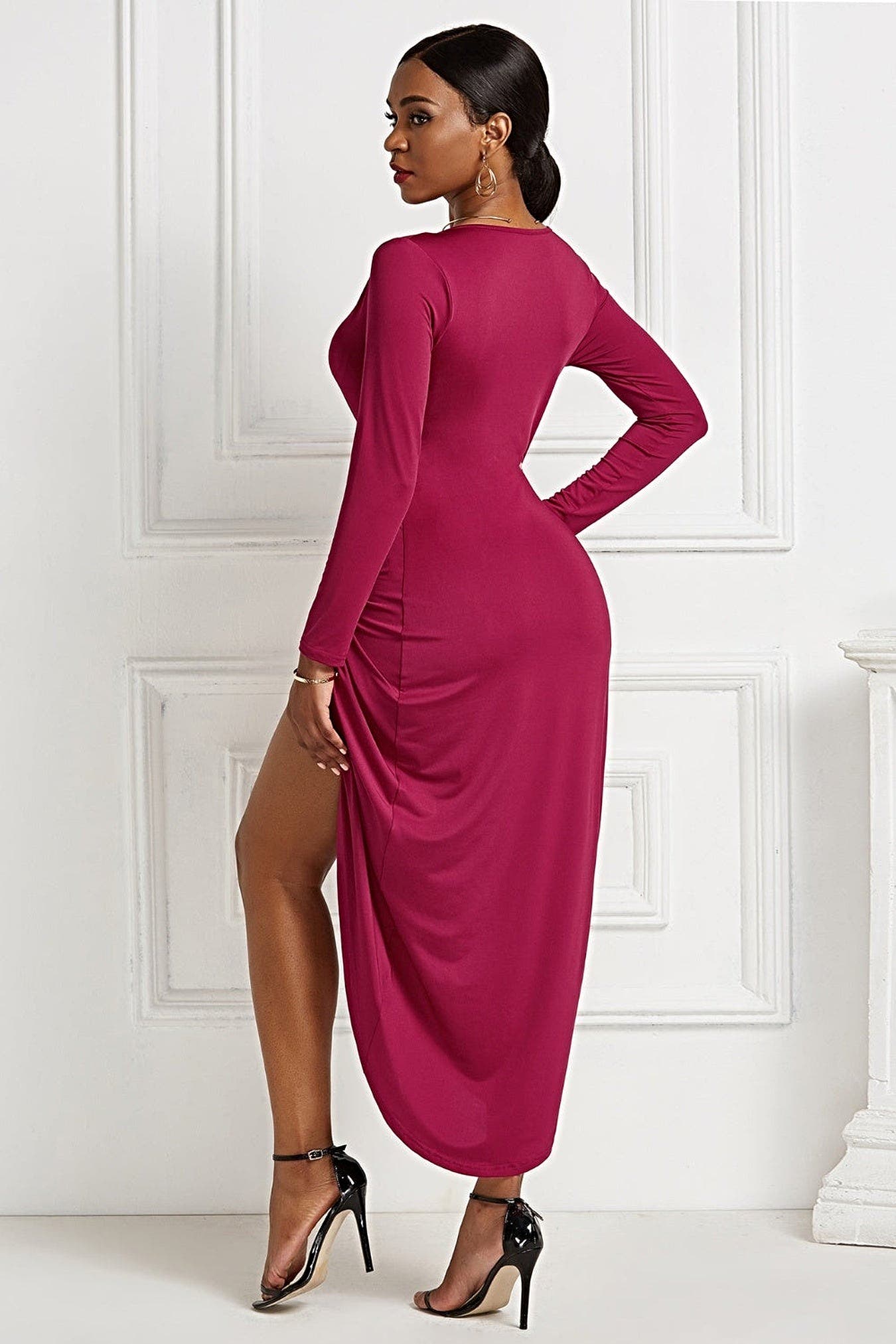 High-low Ruched Surplice Long Sleeve Dress -