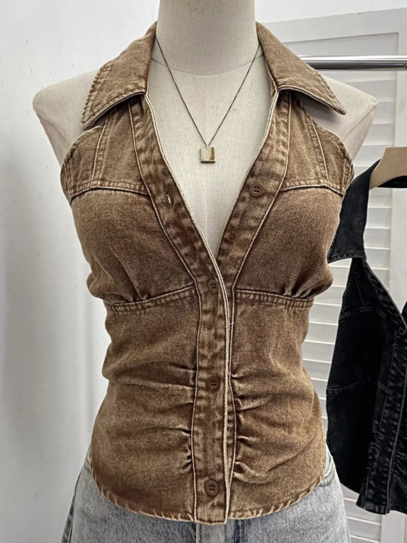 Smocked Denim Halter Collar Top -