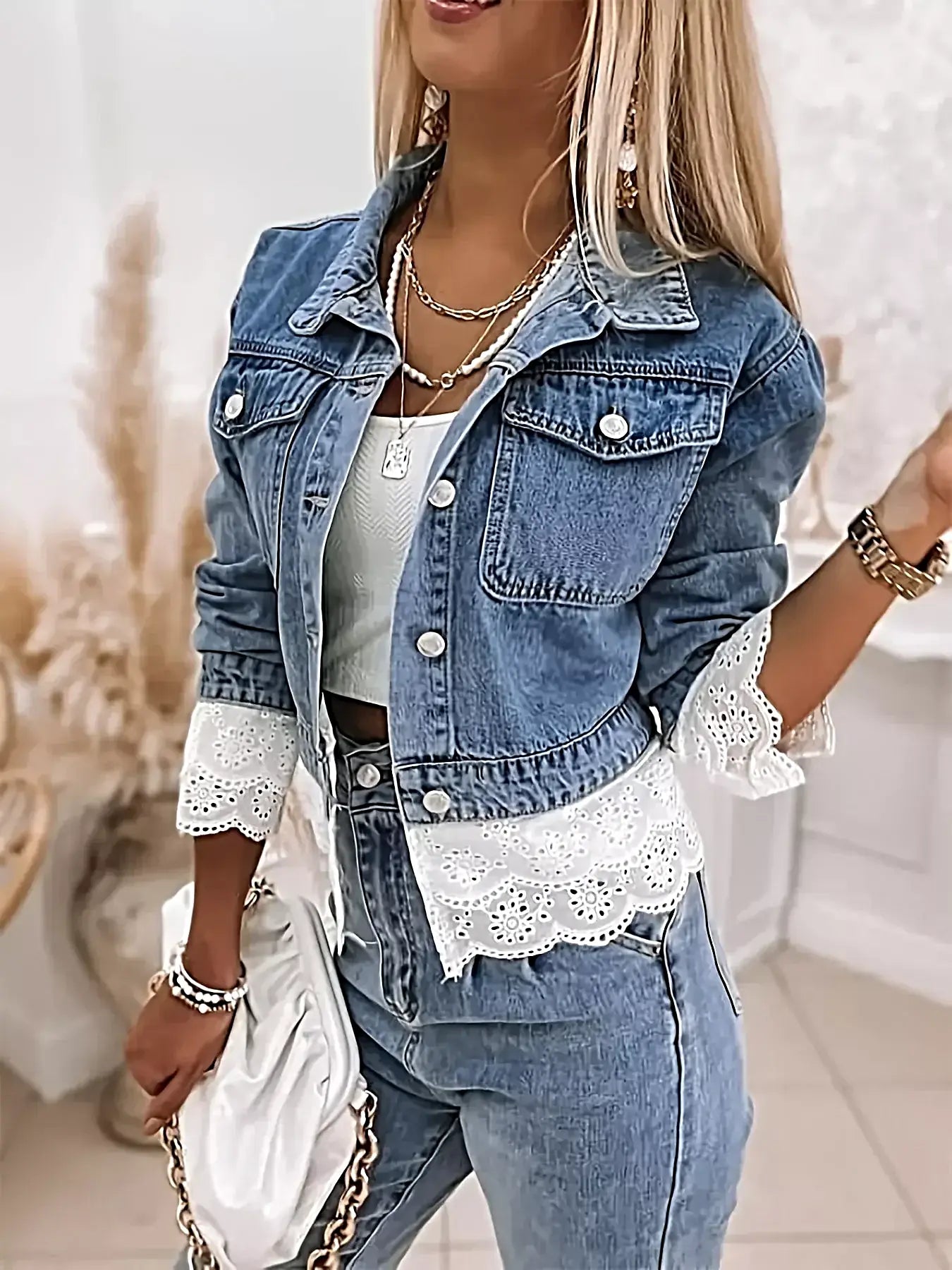 Cropped Denim Jacket with Lace Trim -